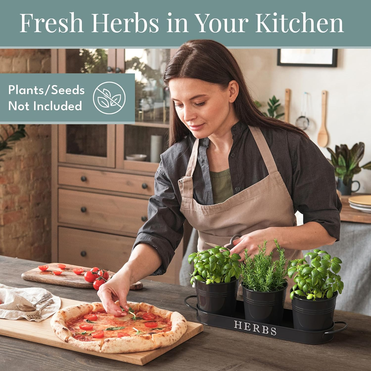 Barnyard Designs Indoor Outdoor Herb Garden Planter Set with Tray, Metal Windowsill Herb Pots, Black, Set/3