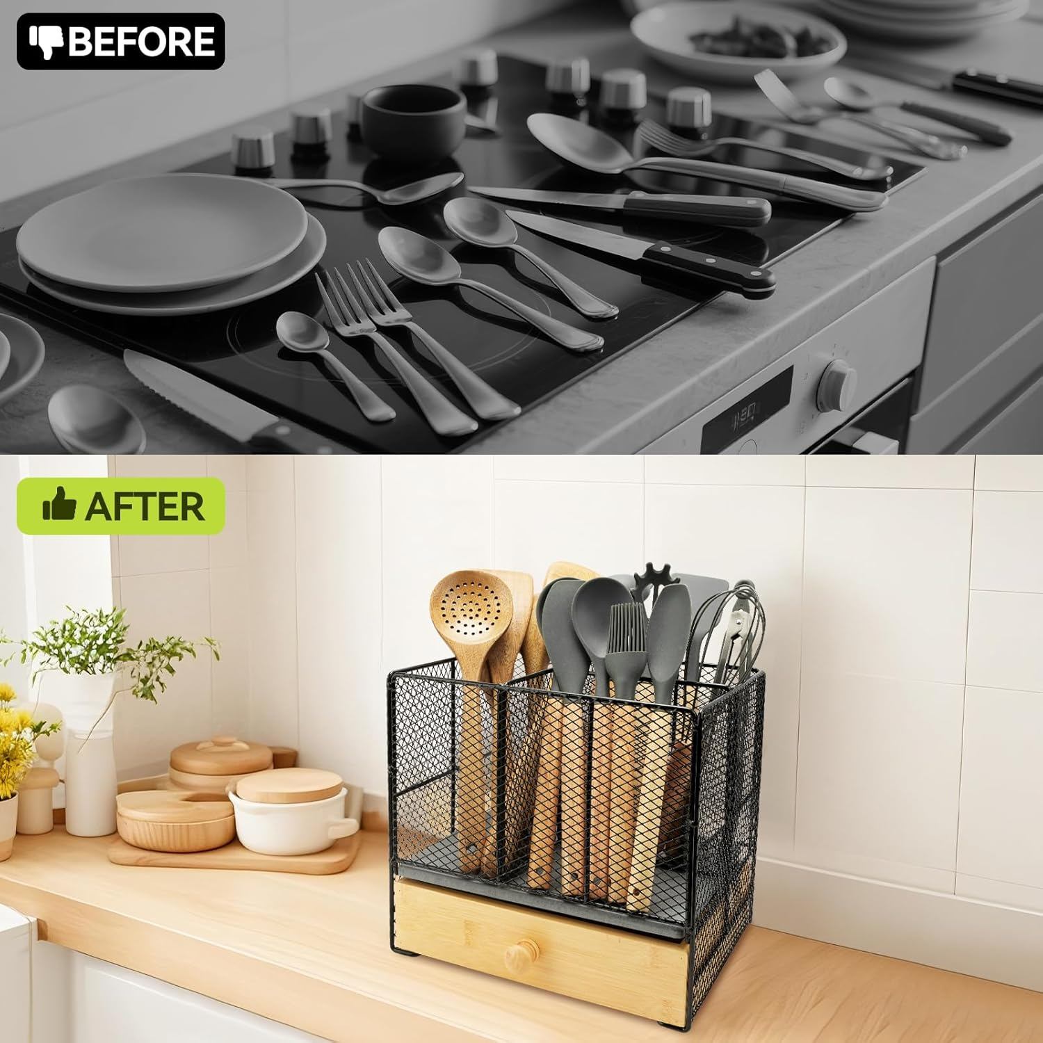 Dish Drying Rack for Kitchen Counter - Space-Saving Stainless Steel Dish Drainer with Cutlery Holder, Kitchen Storage & Organisation, 29.0 X 38.1 X 12.7 Cm, Black image number 1