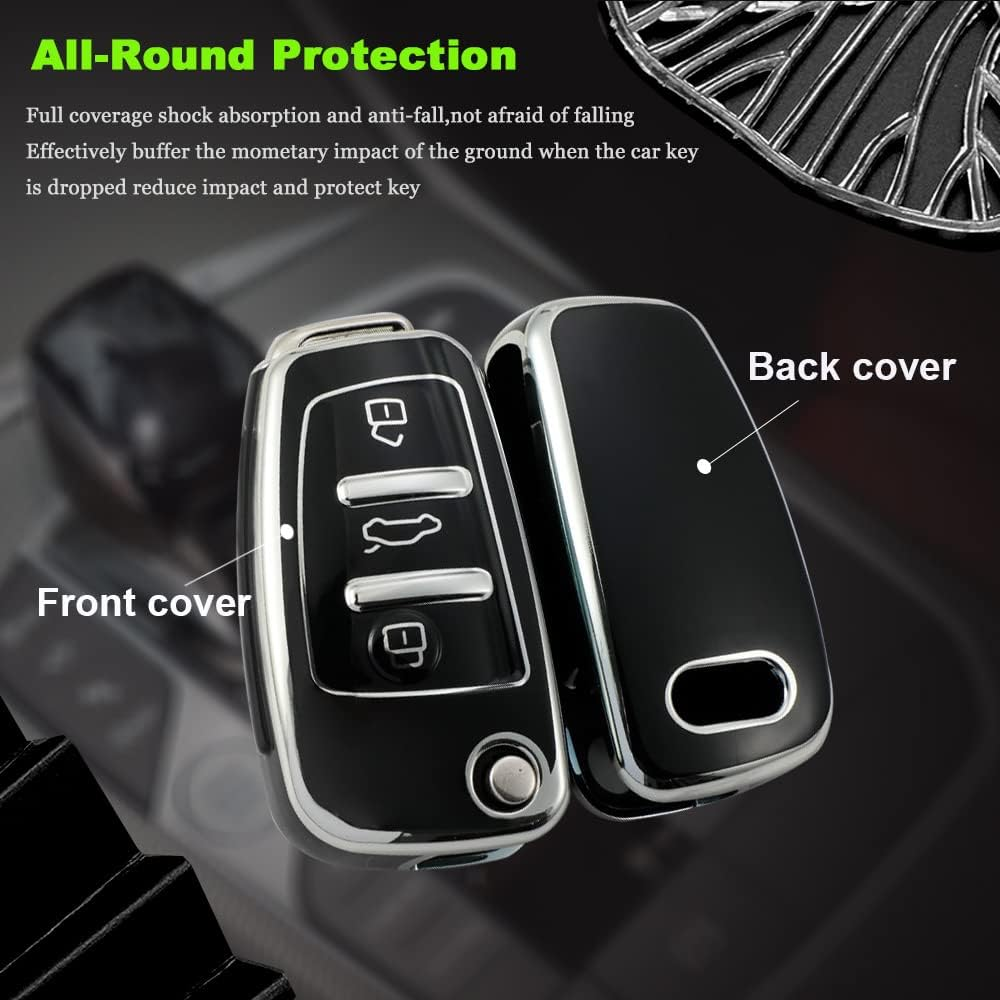 HIBEYO Key Fob Cover Compatible with Audi A1 A3 A6 Q2 Q3 Q7 TT TTS R8 S3 S6 RS3 Car Accessories TPU Silver-Edge Key Holder - Leather Keychain Black image number 7