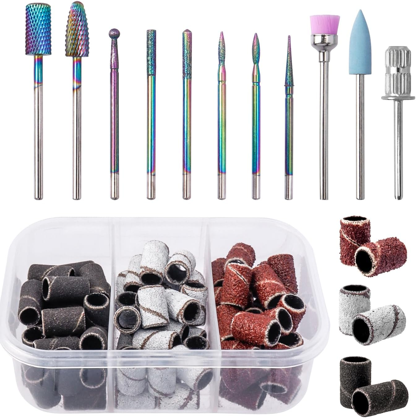 Bestgle Nail Drill Bits Set 10 Pcs Tungsten Carbide Nail File Bits and 75 Pcs Nail Sanding Bands with 1 Pc Mandrel Bit Gel Acrylic Nails Cuticle Remove Bits Electric Rotary Burrs for Nail Manicure Pedicure image number 5