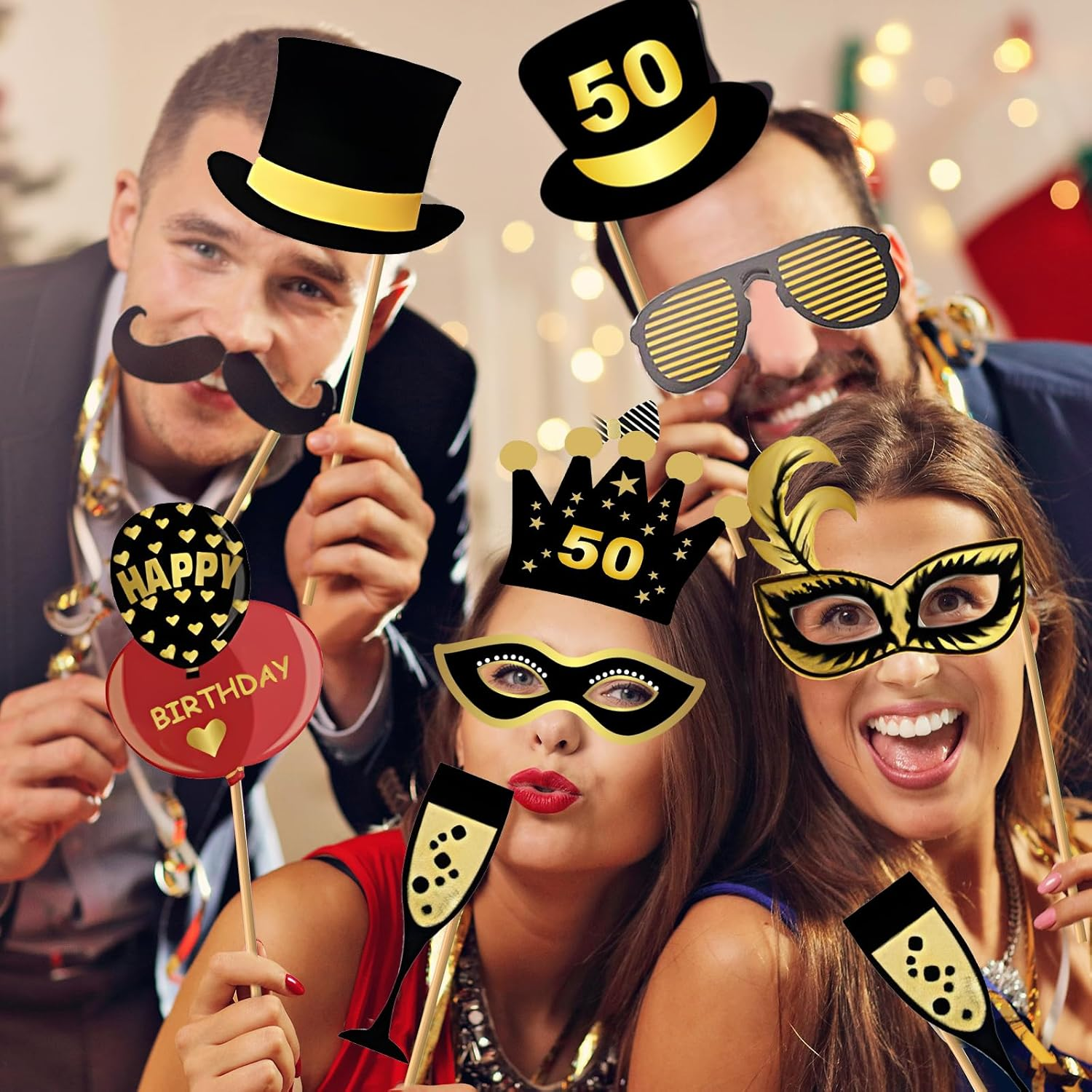 50Th Birthday Photo Booth Props and Inflatable Selfie Frame, 35 Pcs 50Th Funny DIY Birthday Party Props for Women Men, Black Gold Inflatable Party Photo Booth Frame image number 3