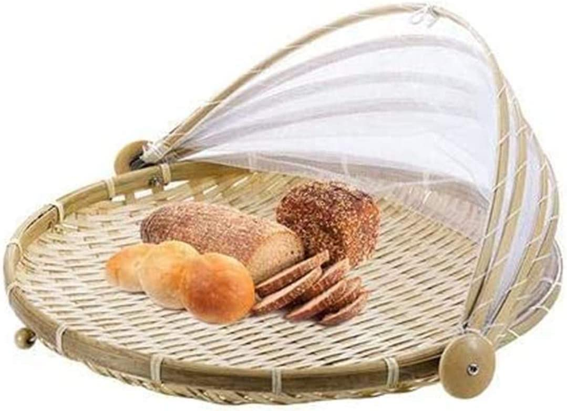 Hand-Woven Bamboo Tent Basket with Mesh Gauze Cover - Insect Proof, Dustproof round Picnic Basket for Vegetables, Fruits, Bread (40 Cm)