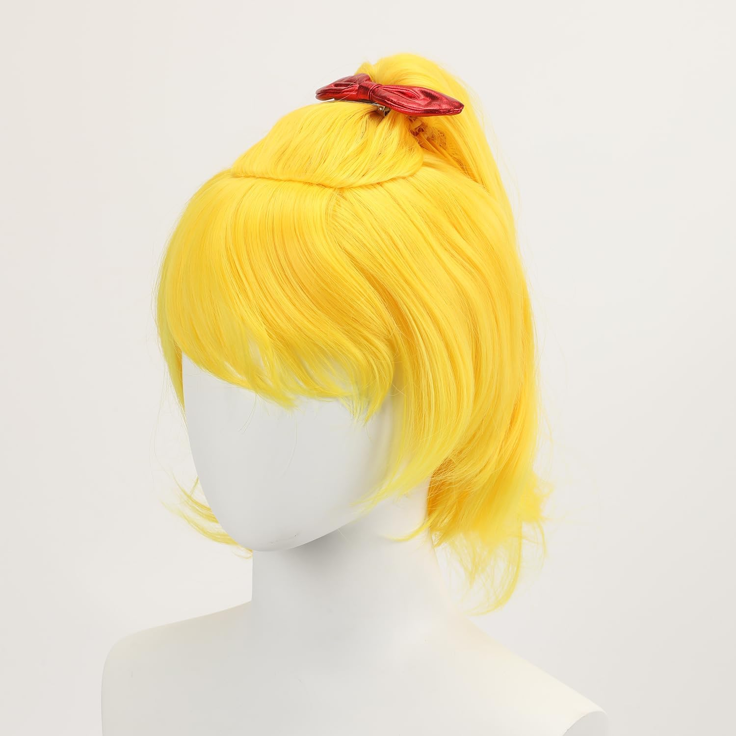 Yellow Short Women'S Wig with Ponytail Halloween Carnival Cosplay Anime Hair with Red Bow Hairpin