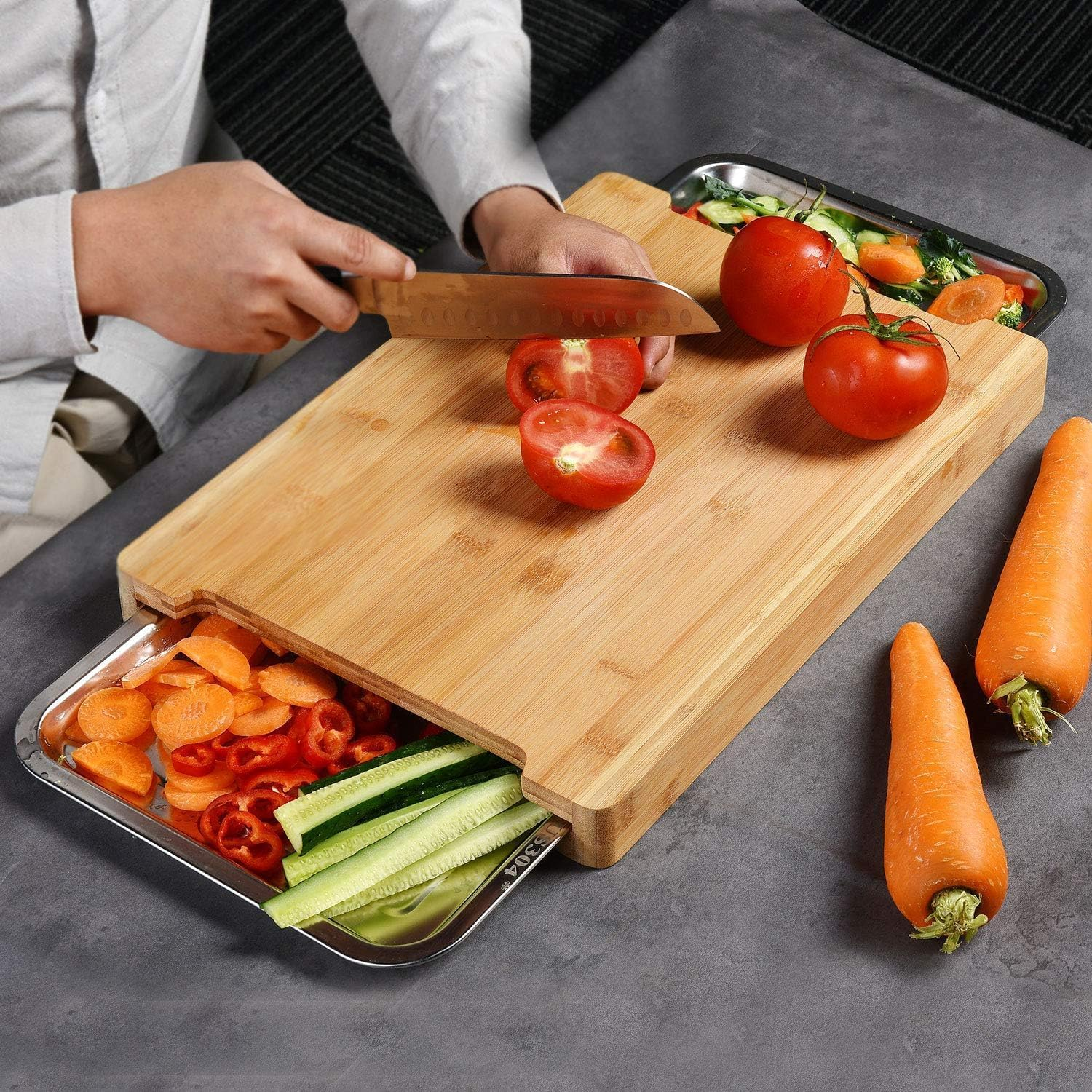 CARLA HOME Chopping Board with Containers, Bamboo Cutting Board with 2 Organiser Stainless Steel Trays, Meal Prep Cutting Board with Containers, Large Wood Cutting Board with Slide Out Trays Kitchen image number 2