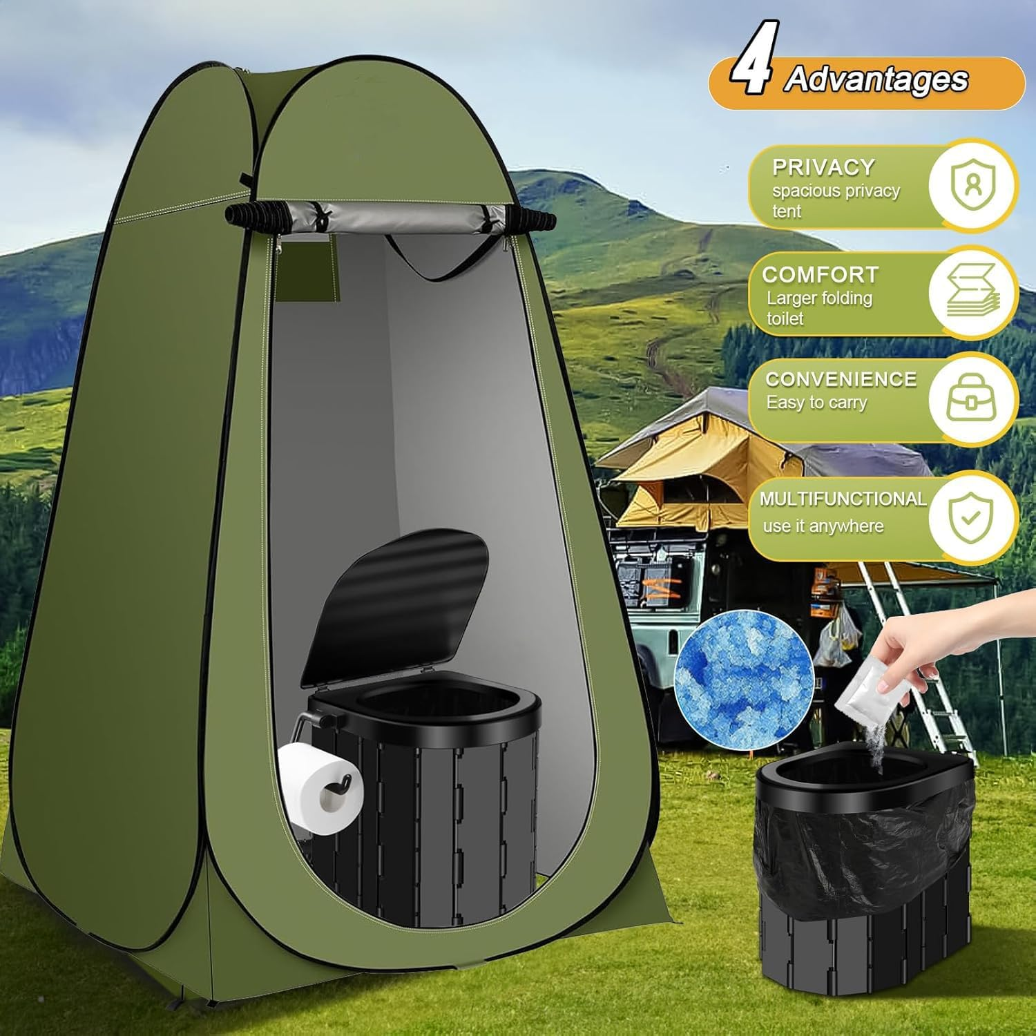 Camping Toilet with Pop up Privacy Tent, X Large Portable Toilet Potty for Adults, Outdoor Camping Shower Tents Changing Room, Washable Foldable Camp Toilet Kit with Toilet Bags image number 6