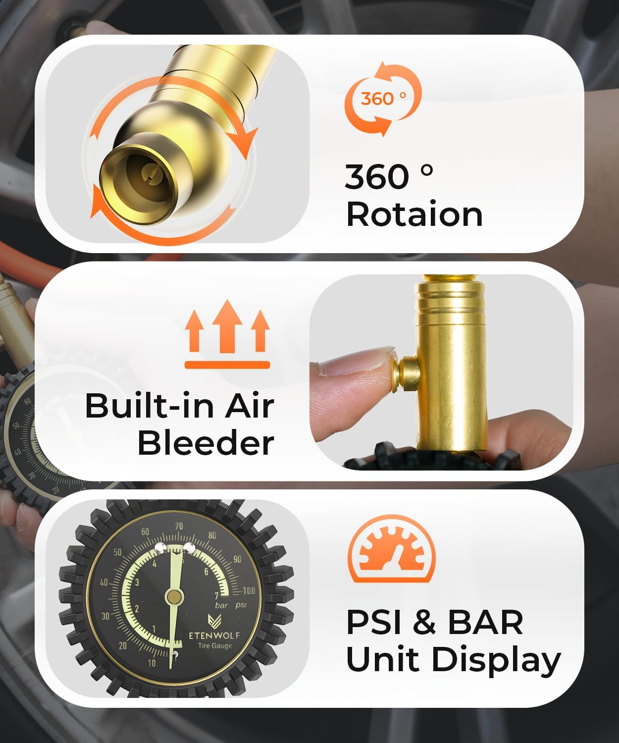 ETENWOLF Tyre Pressure Gauge 0-100 PSI, ANSI B40.1 Grade a Accurate Tyre Gauges for Tyre Pressure with Large Glow Dial, Air Pressure Gauge for Tyres, Car Accessories image number 2