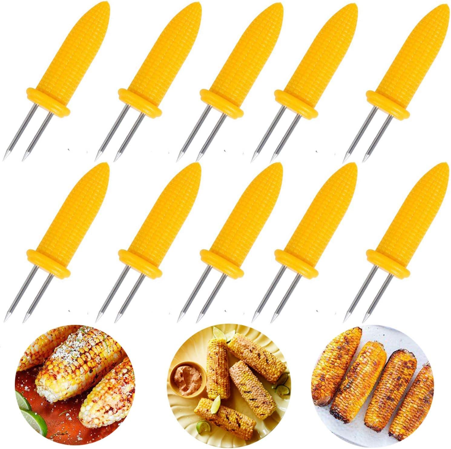 ONESWI 10PCS Corn Holders - Corn on the Cob Skewers,Stainless Steel Corn Fork Prong Skewers Kitchen Tool for BBQ Twin Prong Sweetcorn Holders Home Cooking Fork image number 4