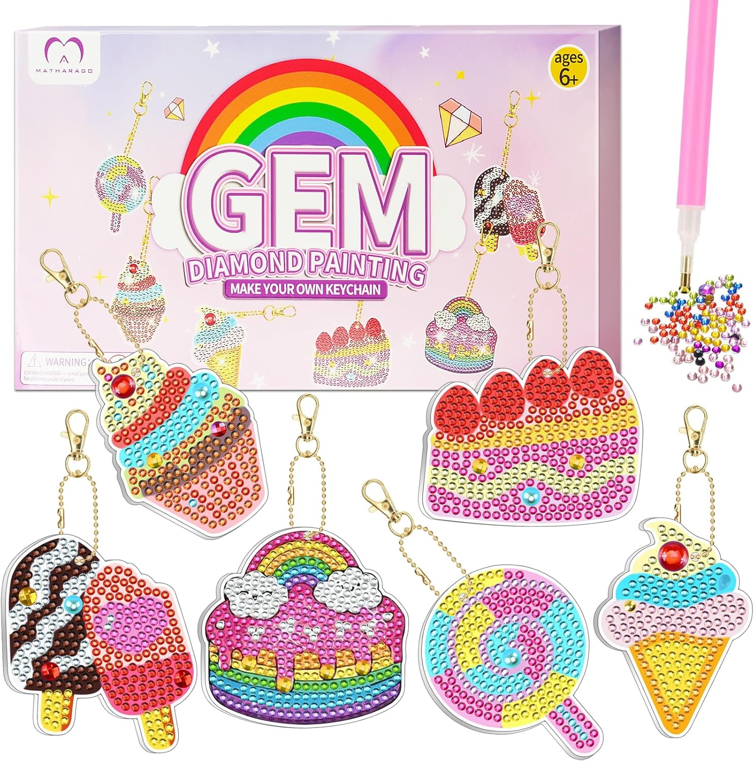 MATHARAGO Diamond Art for Kids 6 Pcs DIY Diamond Painting Cartoon Keyrings Set, Painting by Number Gem Keychains Craft Kits for Kids Ages 6-12, Gifts for Birthday, Back to School