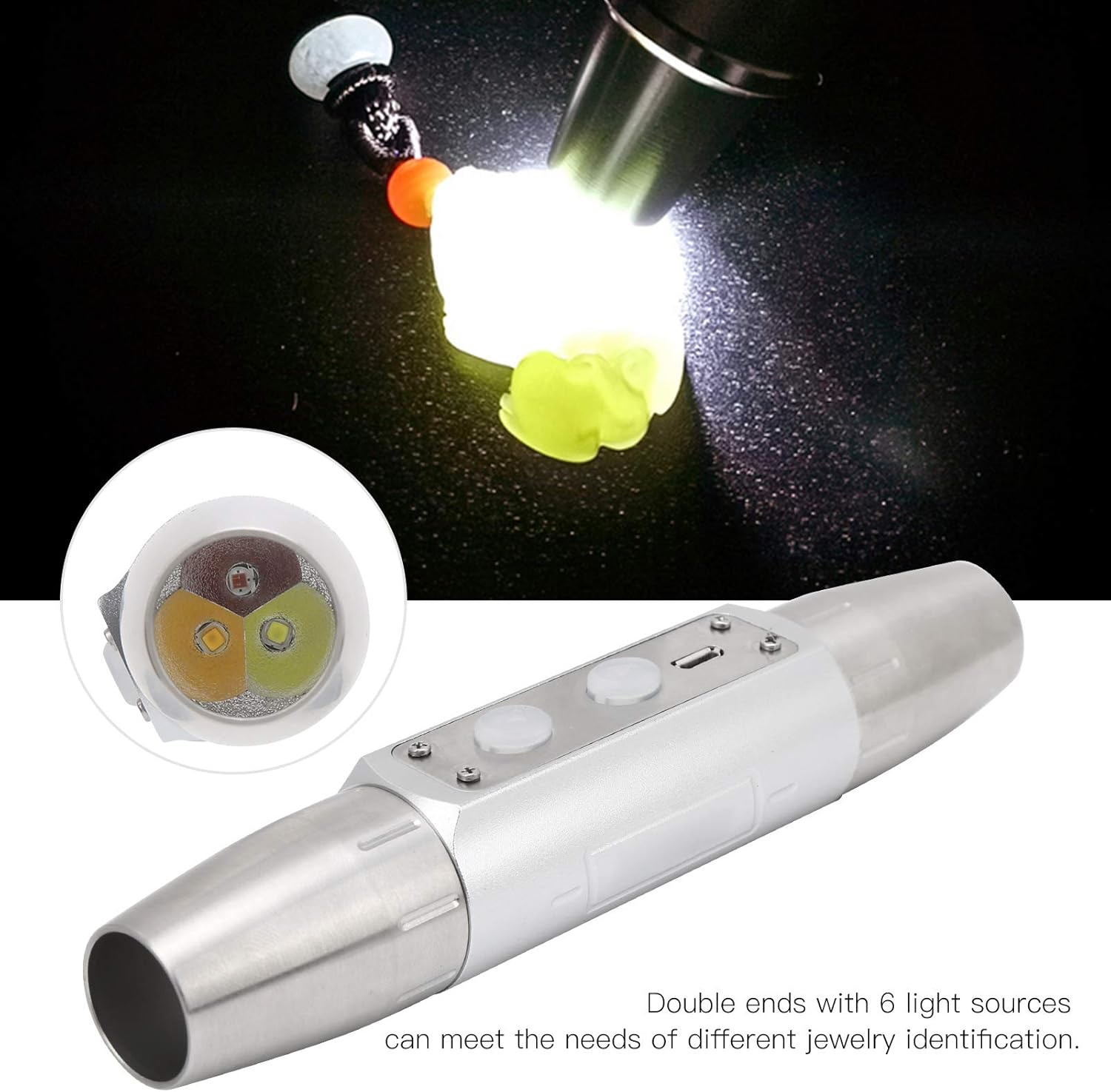 Identification Flashlight, Jade Jewelry Gem Identification Lights, Dual Ends 6 Lights Torch Ultraviolet Rechargeable Detector Lamp for Jewelry Diamond Appraisal image number 1