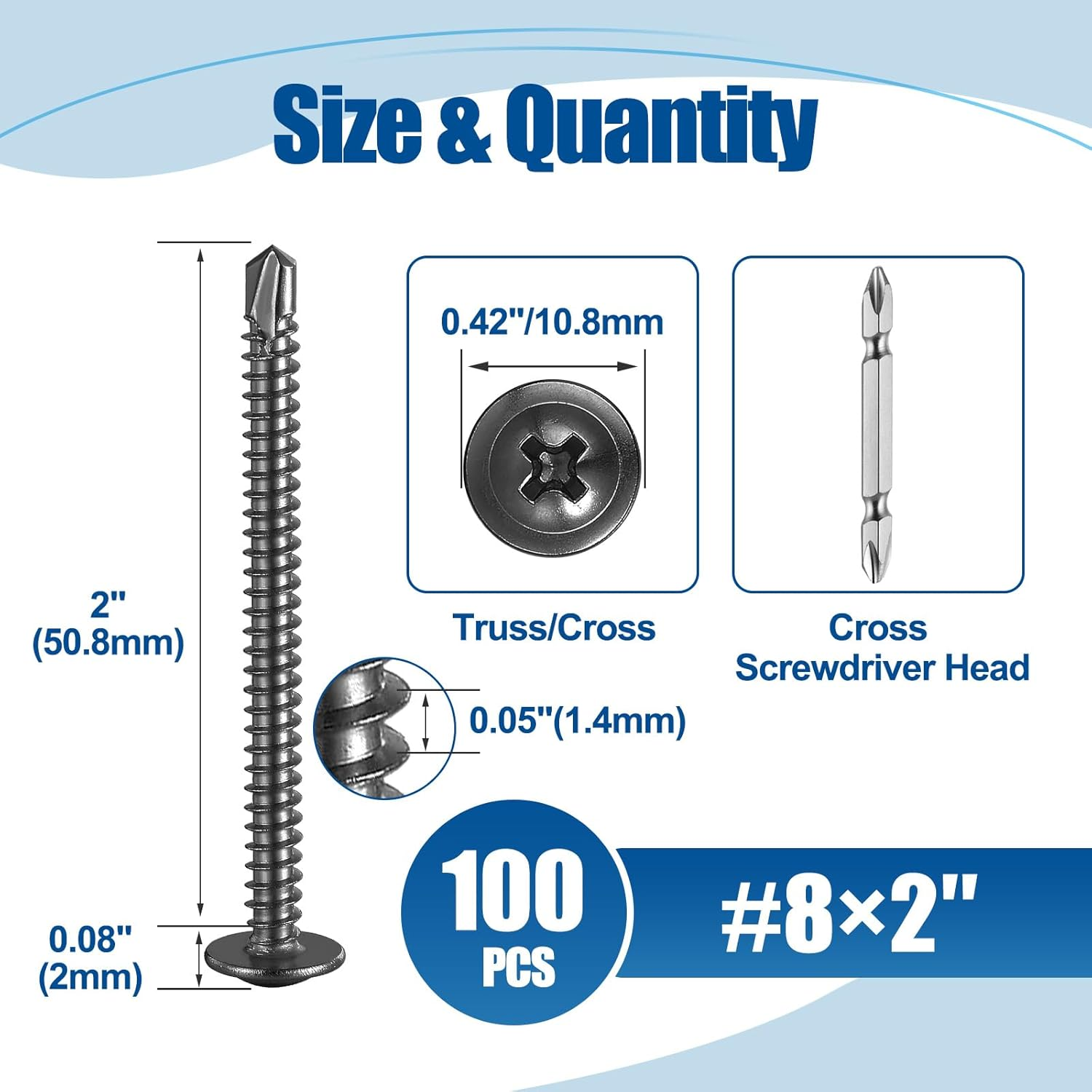 #8&times;2&Prime; Sheet Metal Screws 100Pcs, 410 Stainless Steel Self Drilling Screws, Black Truss Head Screws image number 5
