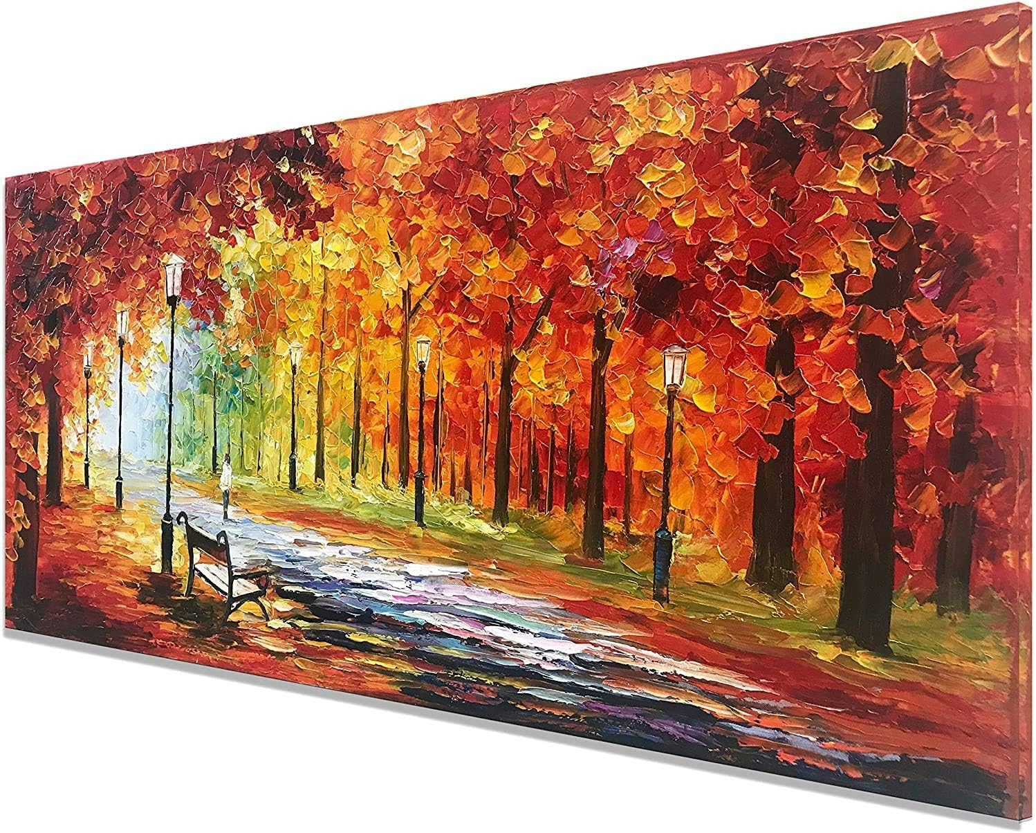 Framed Oil Painting,Hand Painted Modern Abstract Textured Big Wall Paintings,Can Be Hung Home Decoration Large Canvas Wall Art,Golden Autumn Forest Sightseeing (80 X 40 Cm)