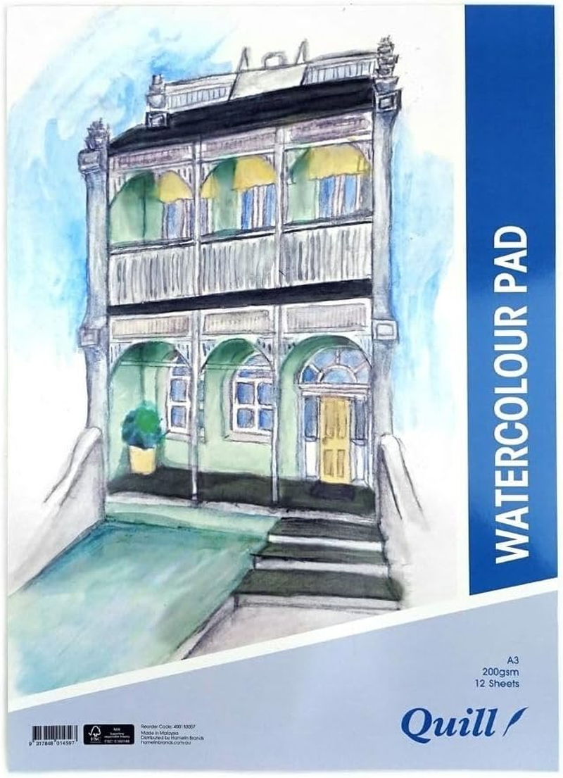 Quill A3 Watercolour Pad, 200Gsm, 12 Sheets, Portrait Orientation