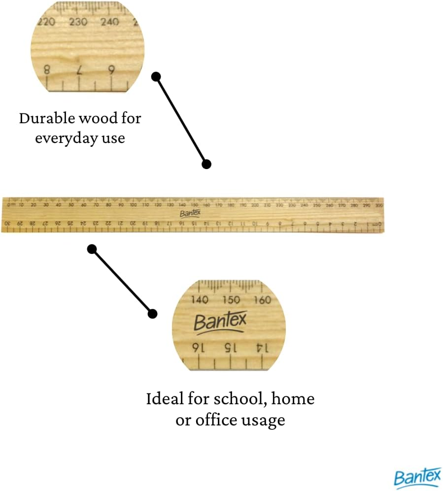 Bantex, Wooden Ruler, 30Cm, Polished, Brown, Ideal for School, Home or Office Usage