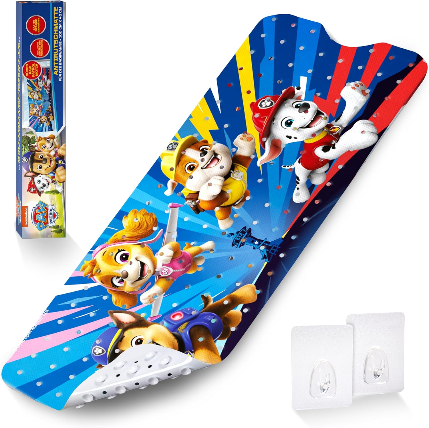 PAW Patrol Non-Slip Bath Mat for Children - Anti-Mould Bath Mat for PAW Patrol Fans, Anti-Bacterial, with Suction Cups, Hangers and Drainage Holes, 100 X 40 Cm image number 2