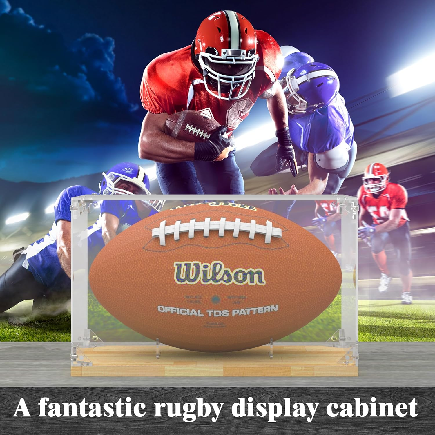 Acrylic Display Case, Collectibles Clear Acrylic Football Display Case, Display Box for Toys Case Storage Box Memorabilia Football with Premium Solid Wood Base image number 1