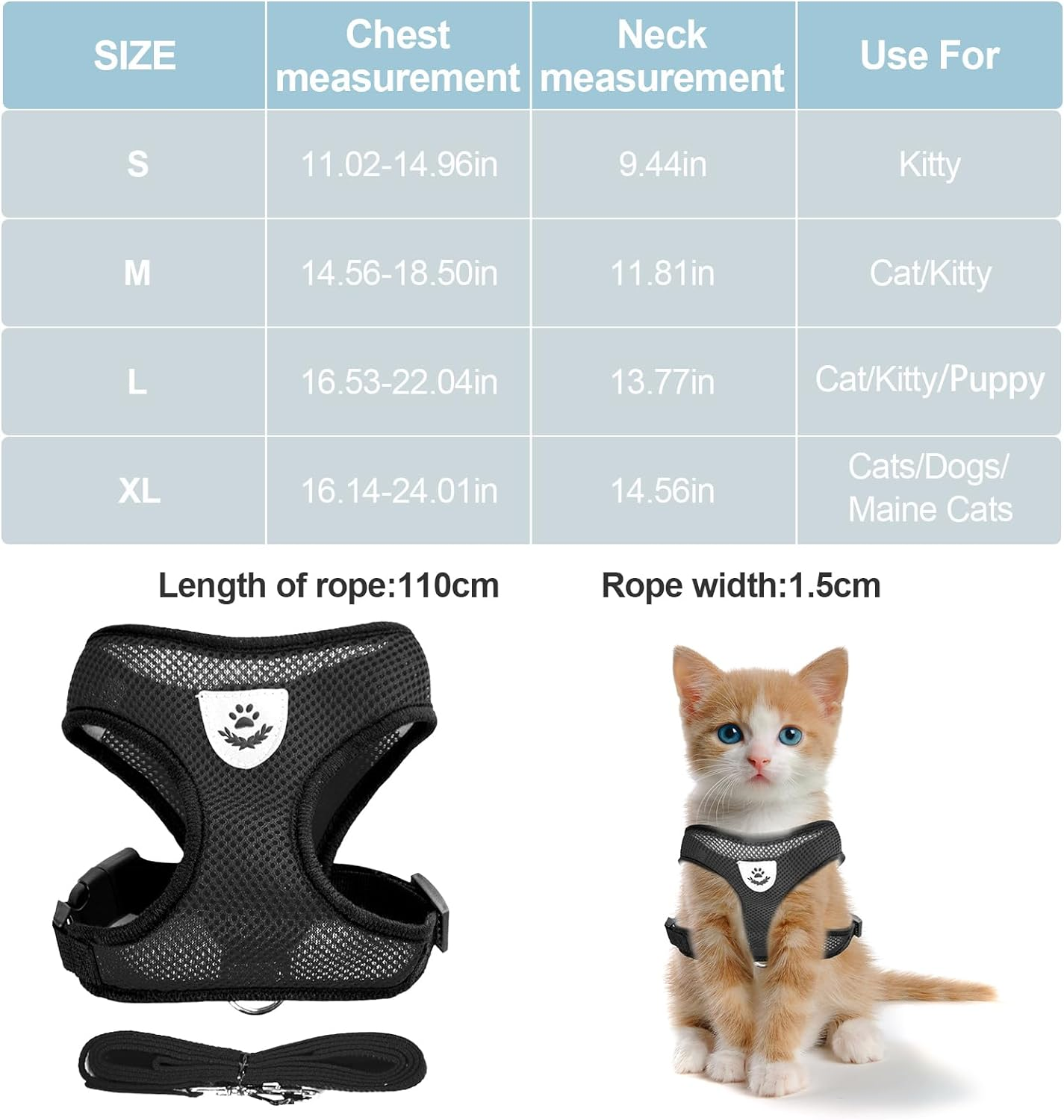 Shudyear Summer Cat Chest Harness and Leash, Anti-Escape Adjustable Soft Mesh Cat Leash and Chest Harness Set for All Types of Cats Cat Vests (Size L,Black) image number 6