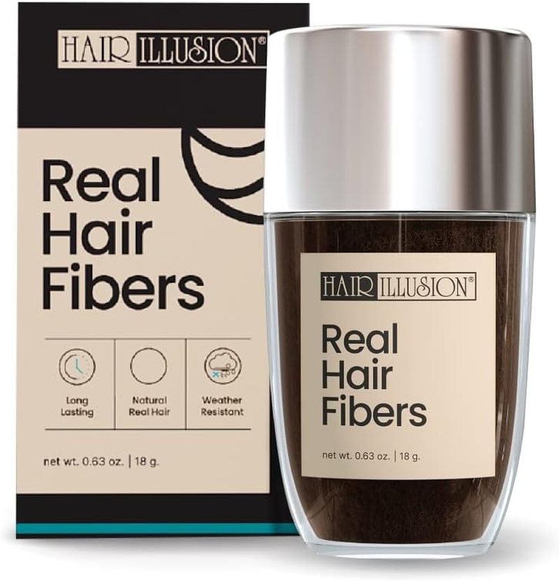 Hair Illusion Dark Brown Real Hair Fibers for Thinning Hair - 100% Natural Texture, Non Synthetic Hair Fibers - Bald Spot Cover up for Women & Men - 38 Gram
