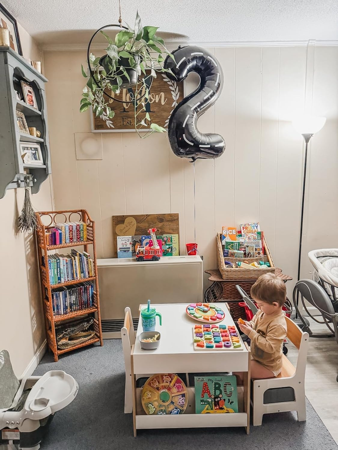 Kids Table and Chairs, 3 in 1 Wooden Activity Table with Storage, Reversible Tabletop, Chalkboard for Crafts, Drawing, Reading, Toddler Table and Chair Set for Playroom, Easy to Clean