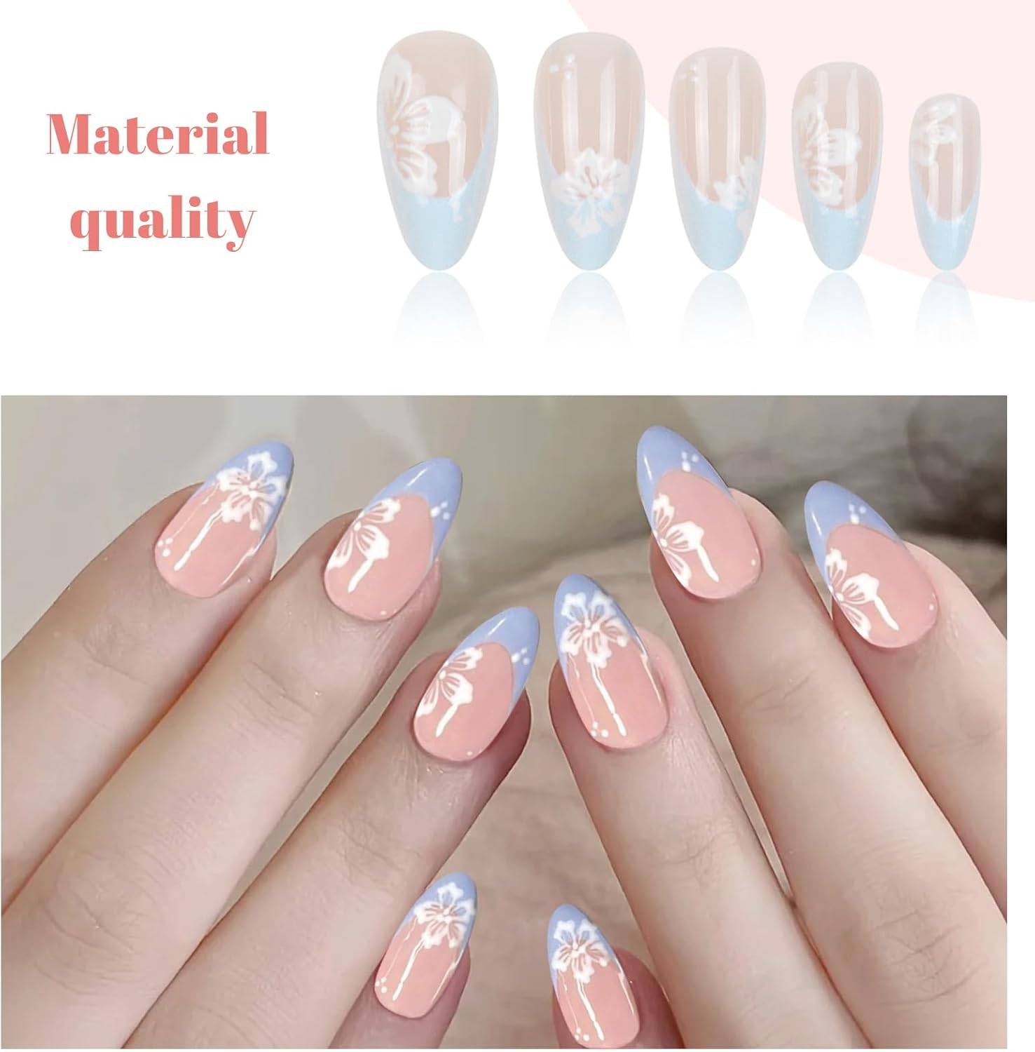 Charmburst Pack of 24 Blue Flowers Press on Nails Almond Medium, False Nails for Sticking, High-Quality ABS False Nails for a Long-Lasting Effect image number 3