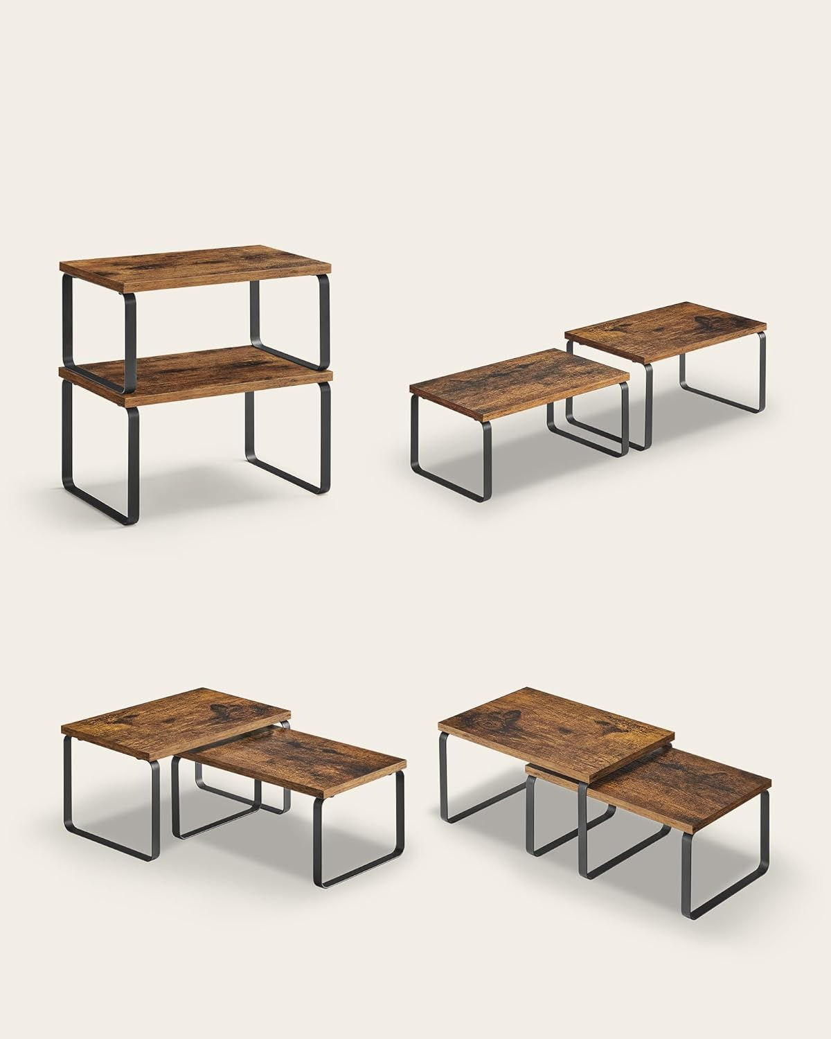 SONGMICS Spice Rack, Set of 2, Kitchen Rack, Kitchen Organiser, Expandable, Spice Holder, Stackable, Made of Metal and Chipboard, Ink Black Vintage Brown KCS020X01 image number 2