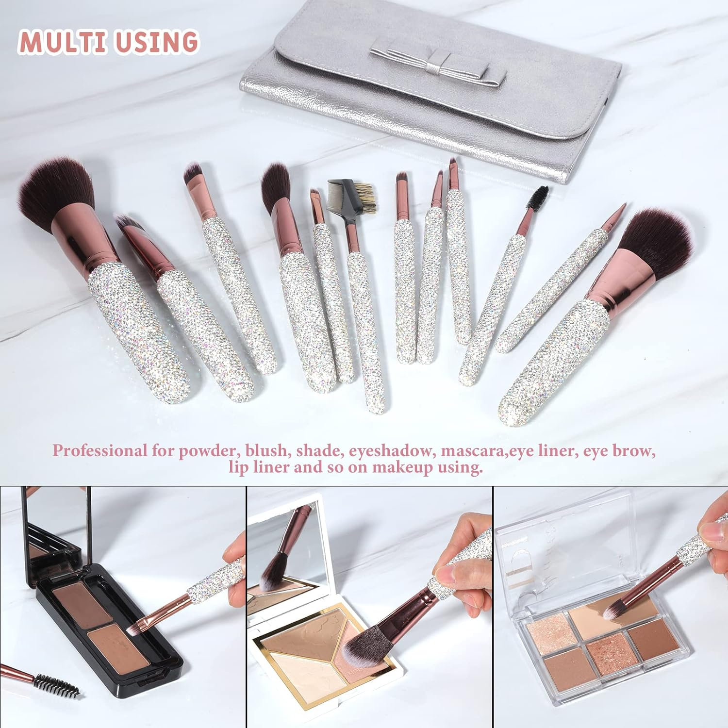 Makeup Brushes Bling Crystal Professional Face Cosmetics Blending Liquid Foundation Powder Concealer Eye Shadows Make up Beauty Tool Glitter with Pouch Bag Kit Purely Handmade (12PCS) (White) image number 3