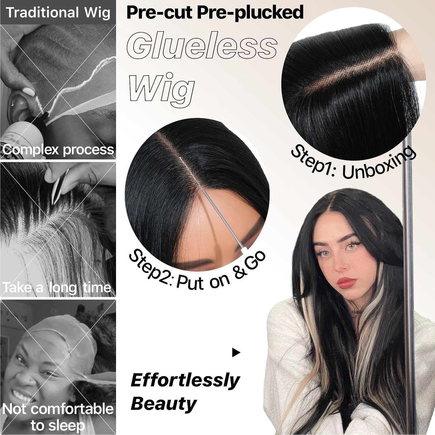 Black Blond Skunk Stripe Wear and Go Glueless Wigs Pre Plucked Pre Cut for Beginners Synthetic Lace Front Wigs with Bangs Long Straight Layered Wigs Highlights 26 Inch 3 Seconds to Wear - Black Blonde image number 4