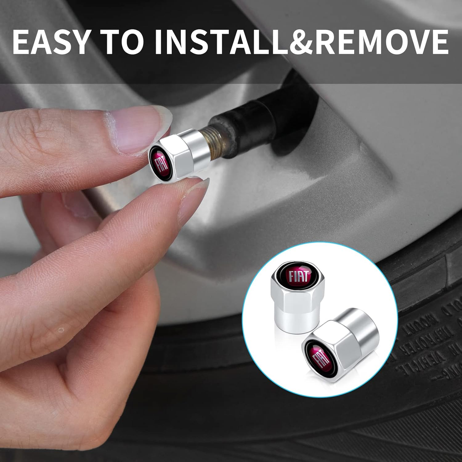 Tire Valve Stem Caps,Wheel Caps Compatible with Fiat 500 500C 500L 500X Brava Bravo Fiorino Panda Palio Series All Models, Metal Air Valve Cover Car Accessory,Not Made by Fiat,4 Pcs(Silver) image number 1