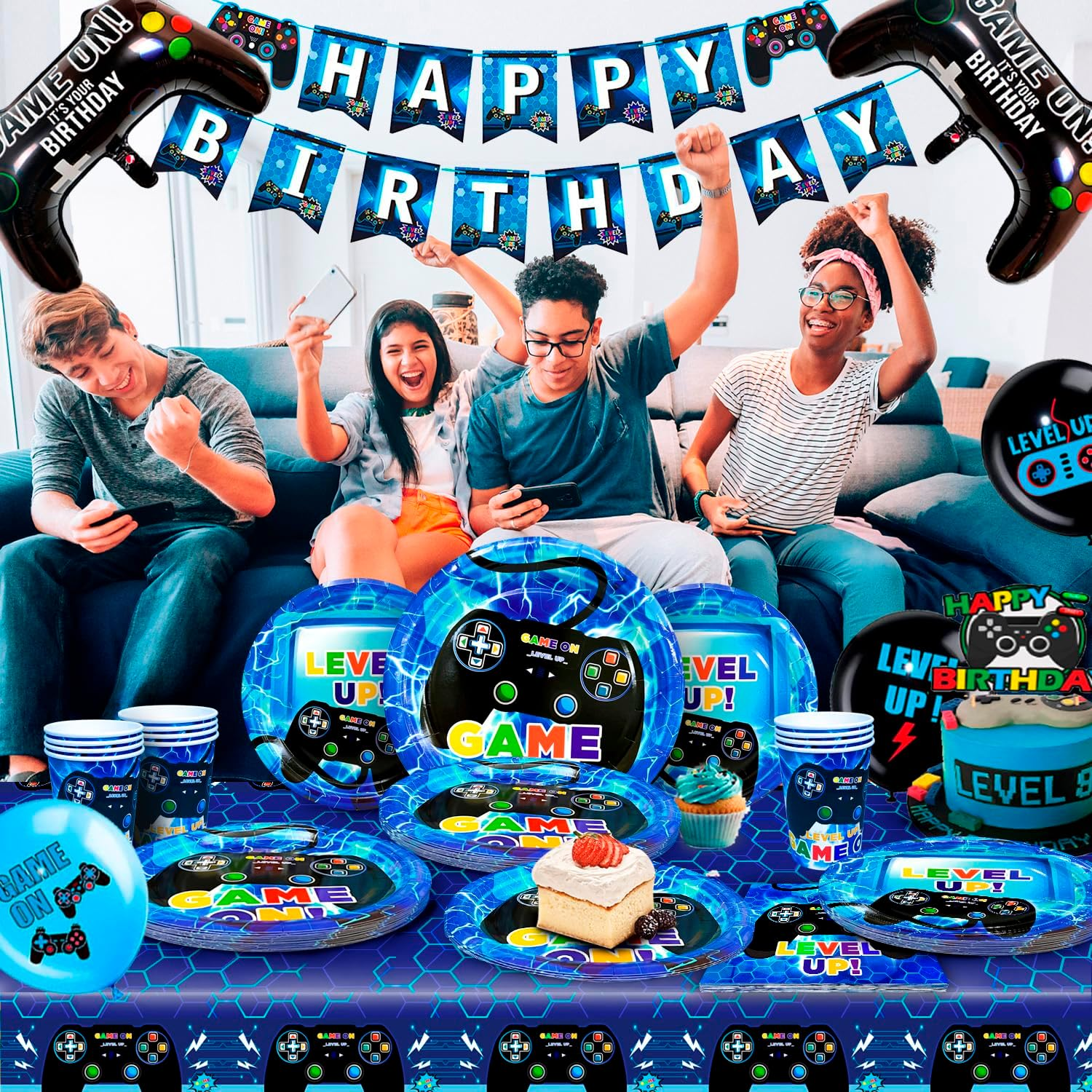 151Pcs Video Gamer Birthday Party Decorations & Video Game Party Tableware Supplies Set - Video Game Party Plates Cups Napkins Tablecloth Banner Balloons Etc Game Themed Party Decorations for Boys