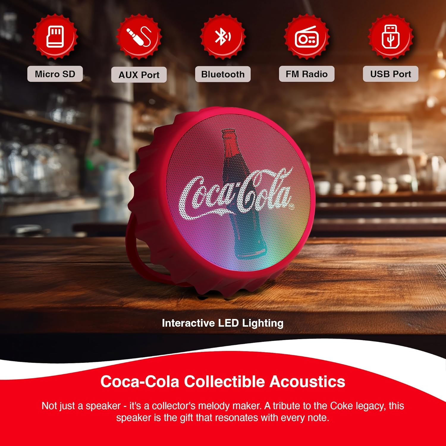 Coca-Cola Bottle Cap Shaped Bluetooth Speaker with Kickstand, Color Changing Light, FM Radio, 6H Playtime, Micro SD Card, Aux Port for Home/Outdoors/Beach/Bar | Portable Bluetooth Speakers image number 5