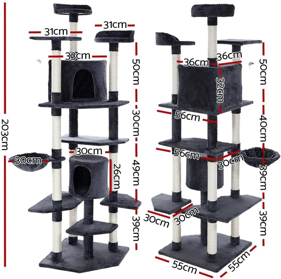 I.Pet Cat Tree Large Cats Tower Ultimate Scratching Post, 203Cm Height Pet Scratcher Cardboard Posts Indoor Kittens Wooden Play House Towers and Trees Corner Toys, with Grey Plush Cover Condo Toy image number 5