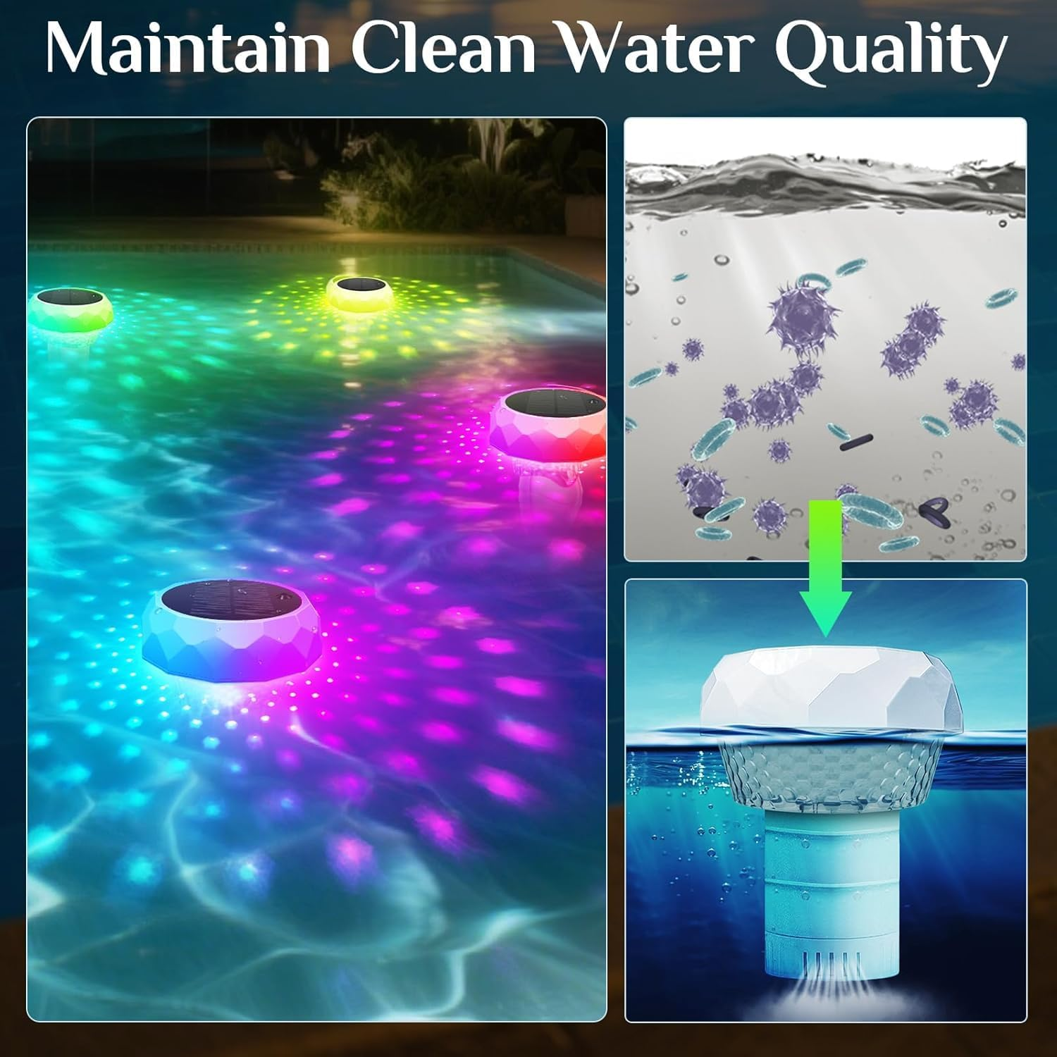 Solar Rechargeable Floating Pool Lights - IP68 Underwater Remote Control LED with Colorful Light Show & Timer, Solar Powered Waterproof Light for Inground Pool,Bathroom, Bathtub, Pool Party image number 3