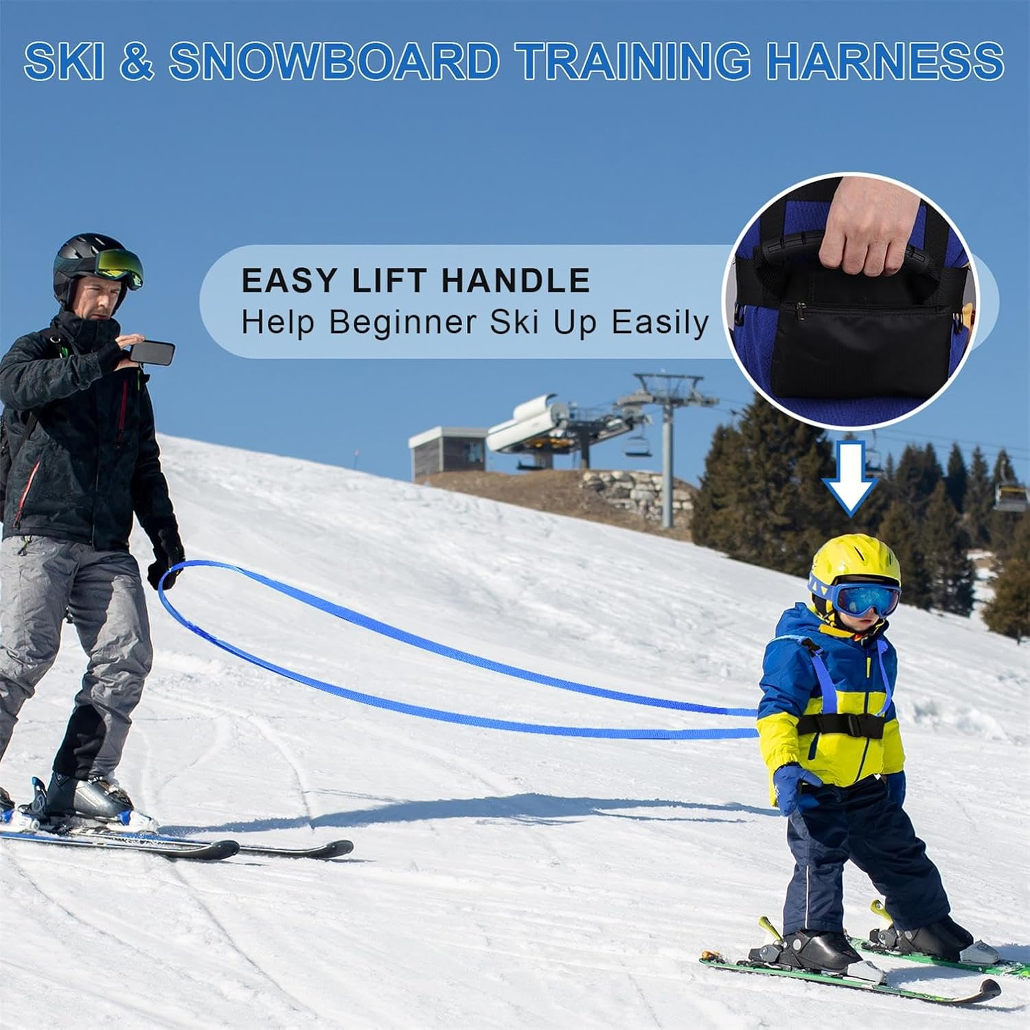 Ski and Snowboard Training Harness for Kids, Ski Harness with Removable Leash and Storage Bag, Speed Control Teaching Harness Vest Ski Accessories for Kid Boy Girl Beginners (Blue)