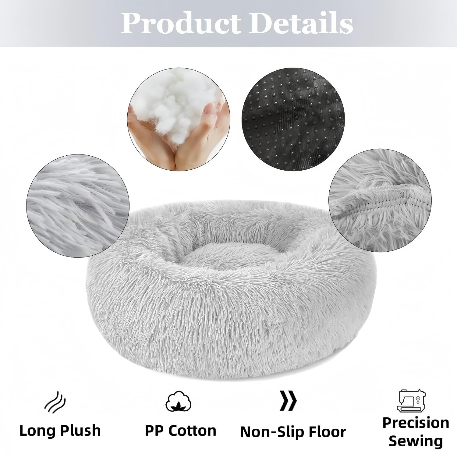 Kiuiom Doughnut Pet Bed, Plush Pet Bed, Fluffy Cat Bed, round Dog Cushion, Cat Basket, Sleeping Cat Bed, Plush Cat Cushion, Dog Cushion, Washable Puppy Bed (Grey, 40 Cm) image number 5