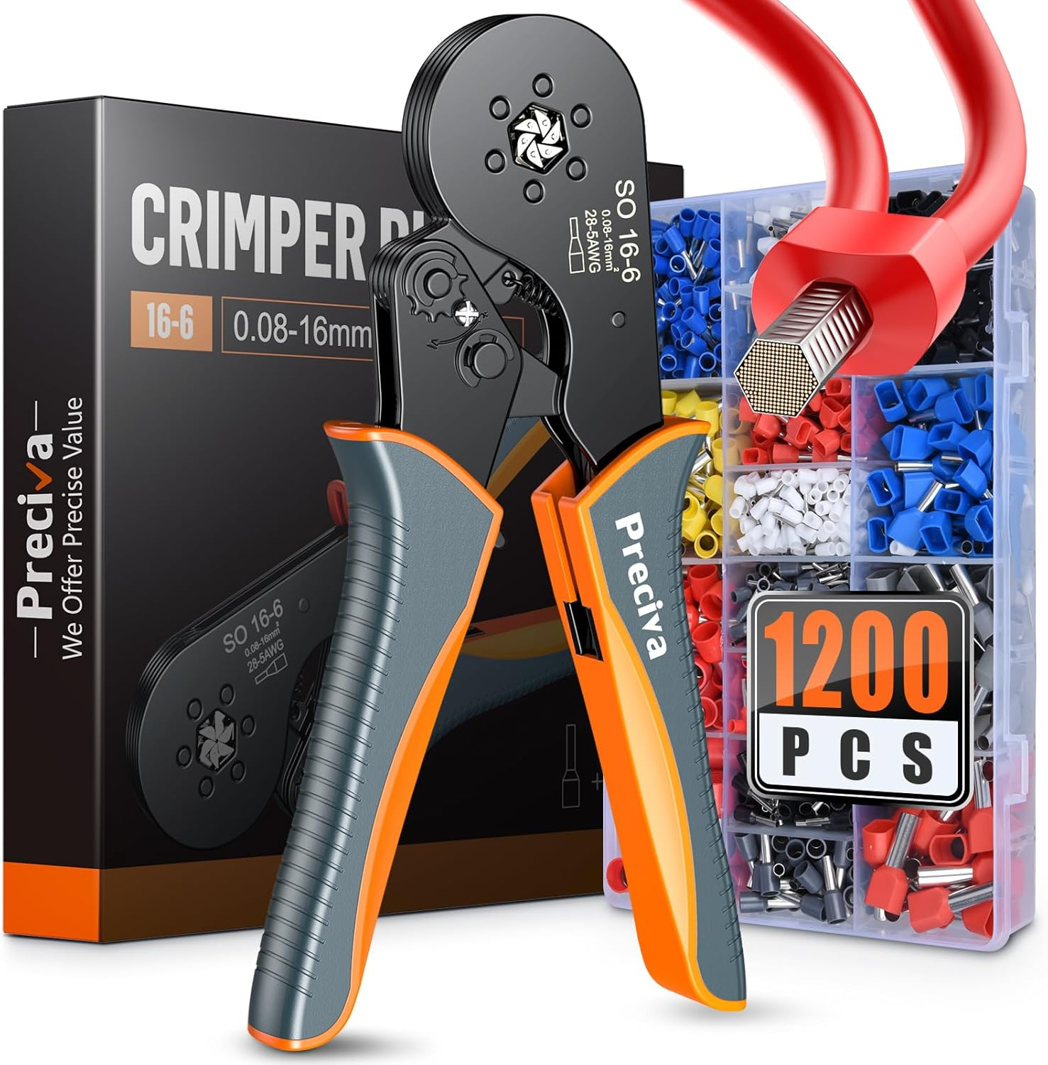 Ferrule Crimping Tool Kit, Preciva Upgrade Double & Single Ferrules Connectors,16-6 Hexagonal Ratchet Jaw Wire Crimping Pliers AWG 28-5 (0.08-16Mm&sup2;) with 1200PCS Terminal Connector Sleeves, CP94120