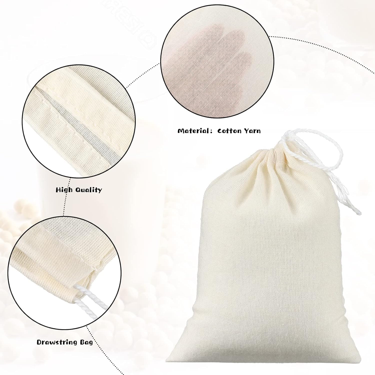 50Pcs Drawstring Bags for Straining,3.9*5.9Inches,Unbleached Cotton Straining Bag for Coffee Tea Filter,Soup Gravy Broth Stew Bags Natural Cotton Fine Mesh Filter Bags,Reusable Fine Mesh Filter Bags image number 5