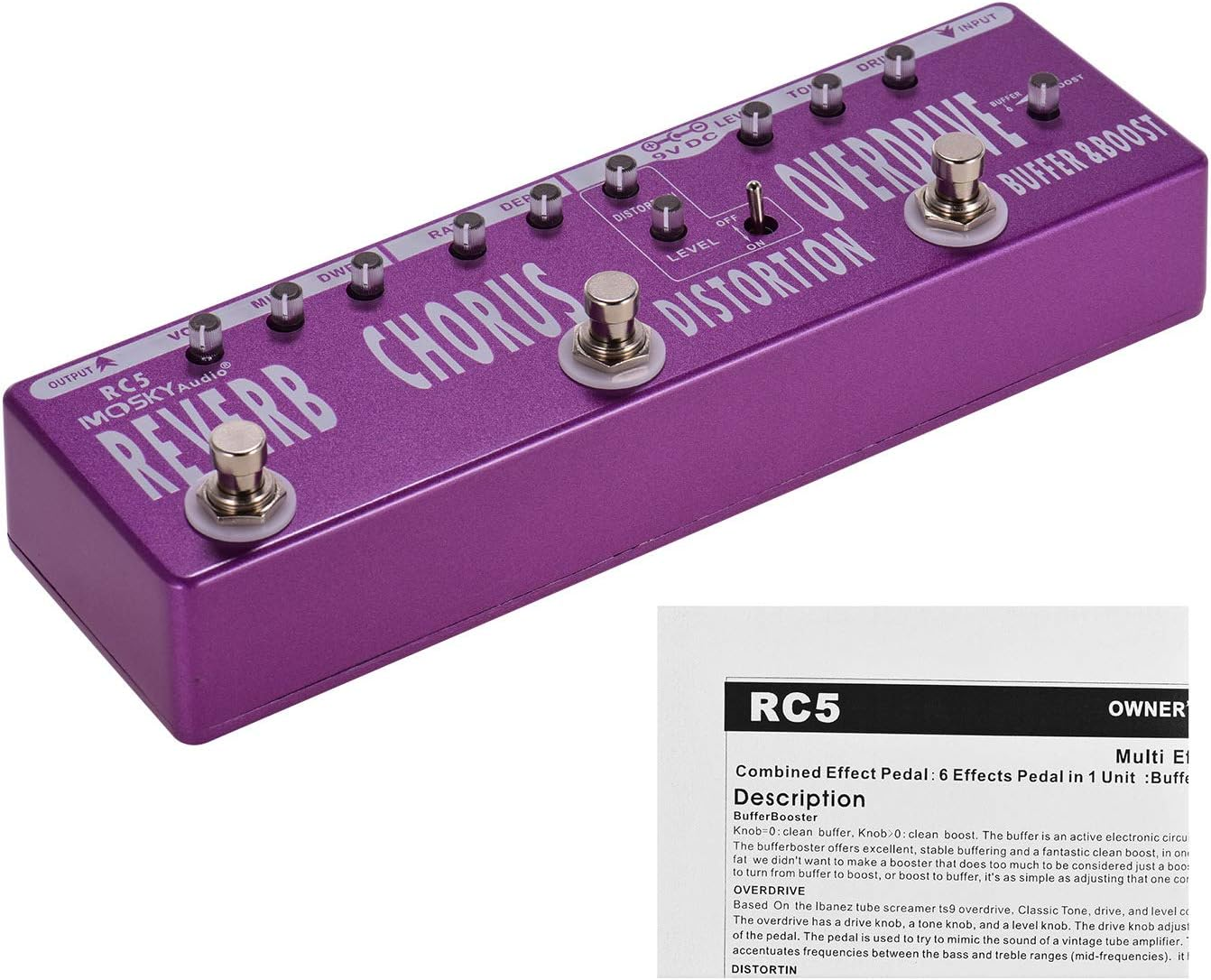 Guitar Multi-Effects Pedal, RC5 6-In-1 Guitar Multi-Effects Pedal Reverb + + Distortion + Overdrive + Booster + Buffer Full Metal Shell with True Bypass image number 2