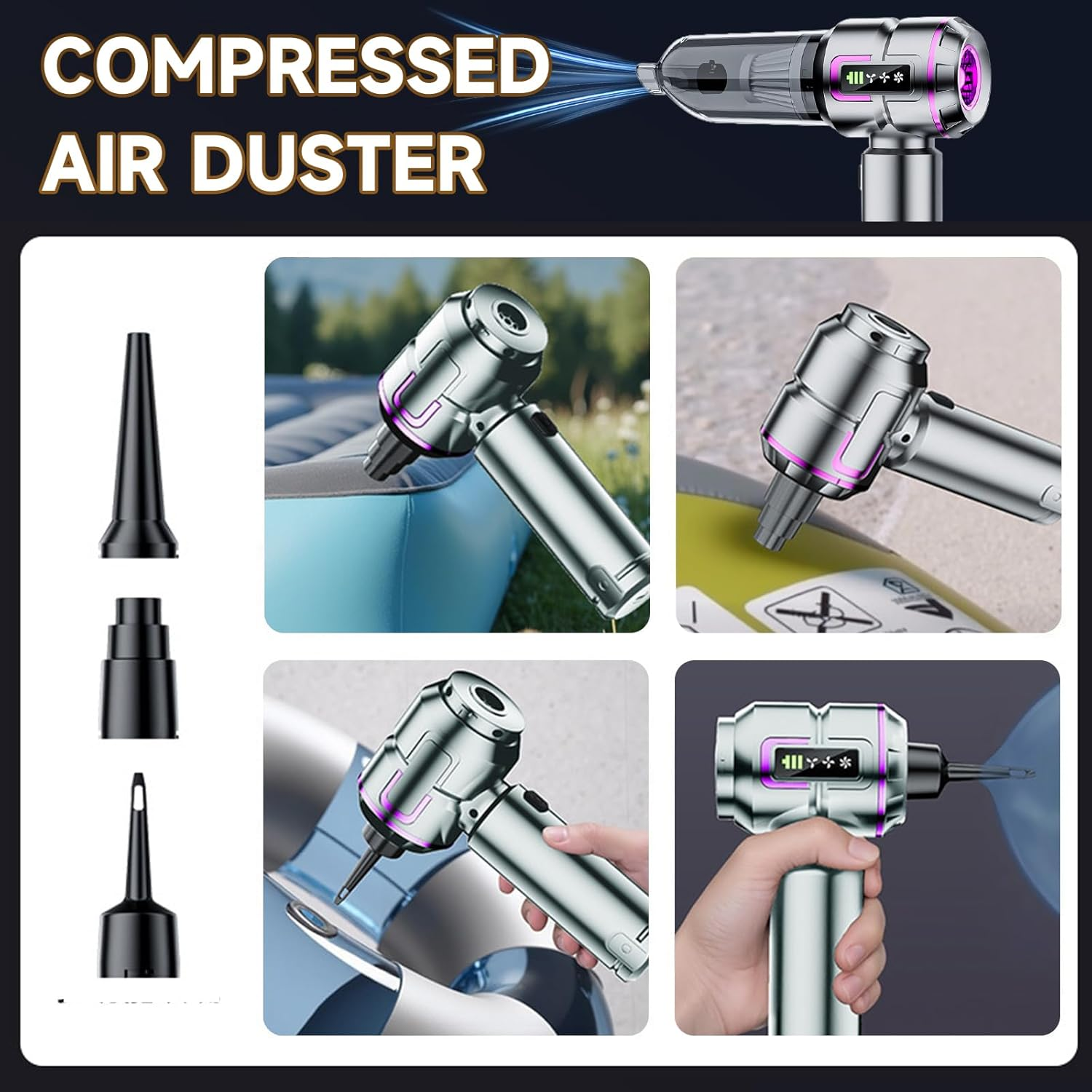 Car Vacuum Cleaner Cordless with Battery Display, 23000PA Mini Handheld Vacuum Cleaner, 4-In-1 Compressed Air Duster & Air Blower & Pump Hand Held Vacuum with Brushless Motor for Car, Home, Office image number 4