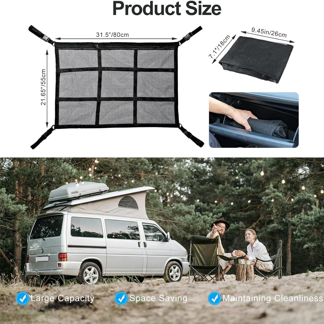 Idopick Car Ceiling Cargo Net Pocket, 80 X 55Cm Nine Grid Mesh Nine SUV Roof Organizer Long Trip Storage Bag,Tent Putting Quilt Towel Sundries Interior Accessories Car Roof Storage Organizer image number 2