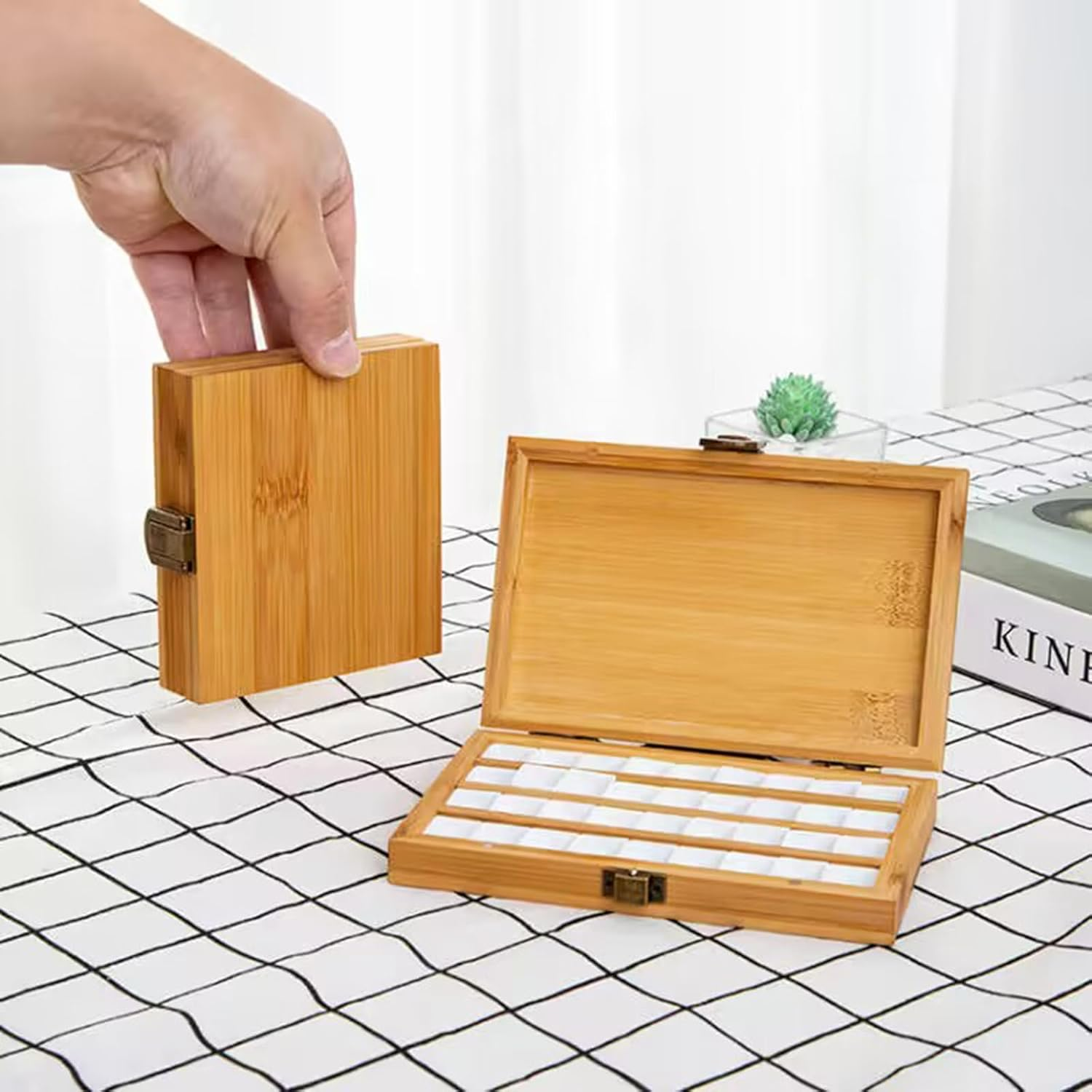 Roseflower Wooden Watercolor Paint Palette Tray, Palette Paint Case with 24Pcs White Washable Half Pans Grids Professional Art Supplies, Acrylic Painting Paint Saver with Lid, 4.5" X 4.1" X 1" image number 6