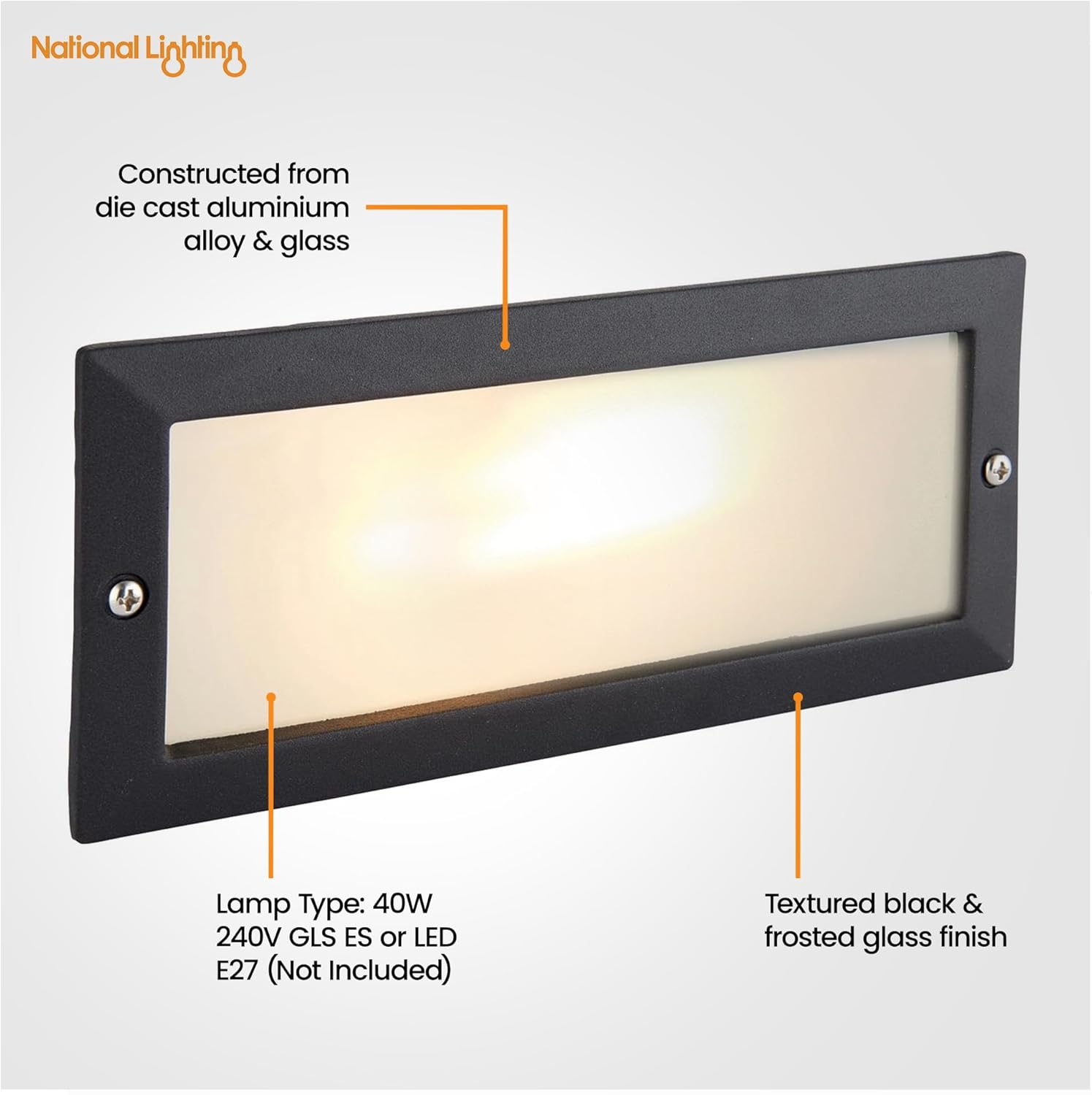 ECO Outdoor Black Aluminium & Frosted Glass Brick Light with Grille and Plain Front Panels - IP44 Rated - Black image number 6