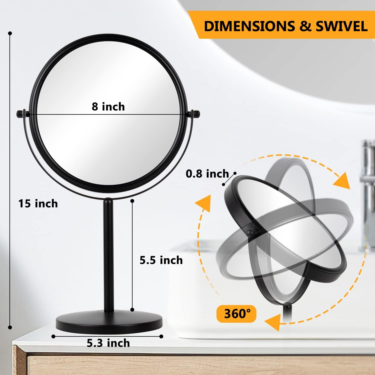 ALHAKIN 10X Magnifying Makeup Mirror, 8 Inch Tabletop Mirror Double Sided with Magnification, Swivel Make up Mirror for Bathroom, Black image number 5