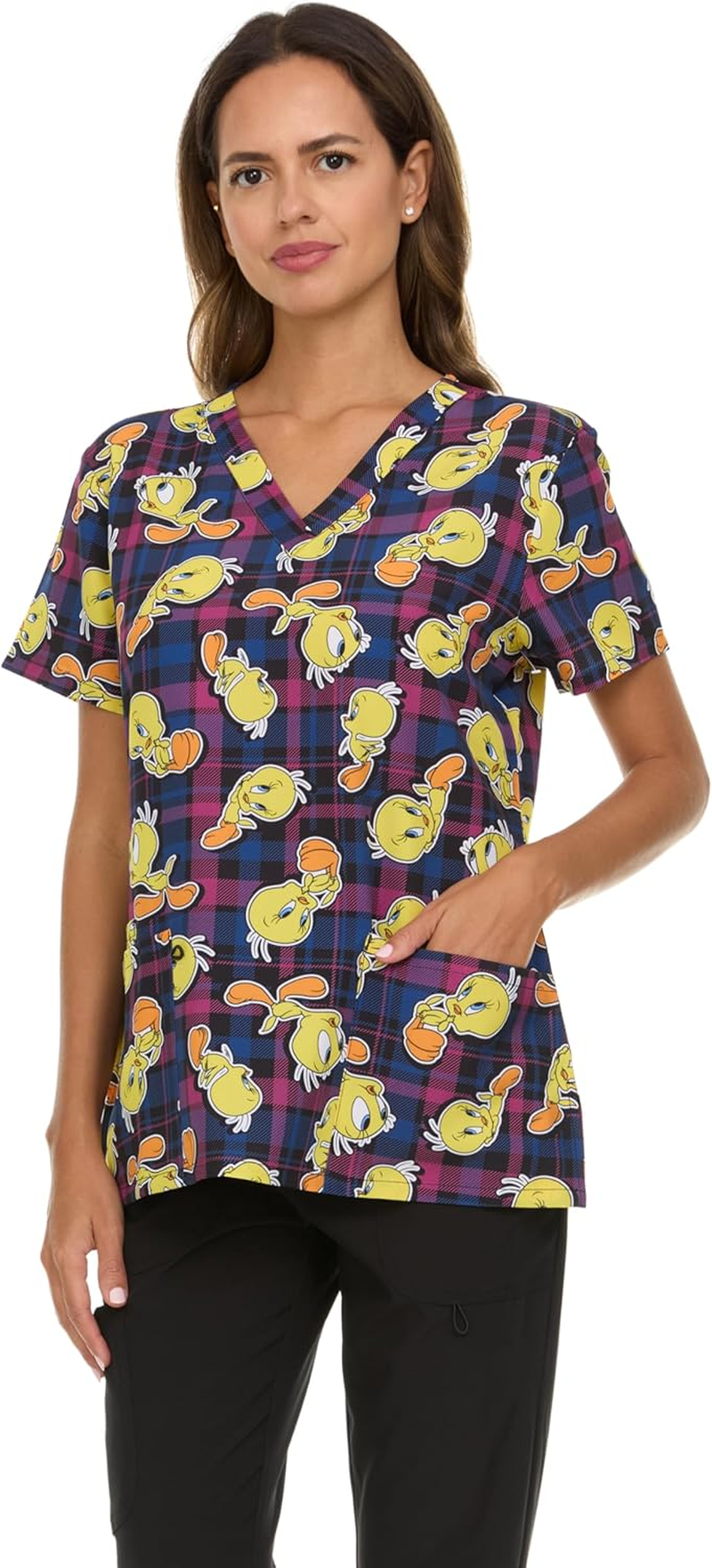 COCO BRANDS Looney Tunes Women'S All over Print, V-Neck Scrub Top with Pockets - Comfortable Work Uniform