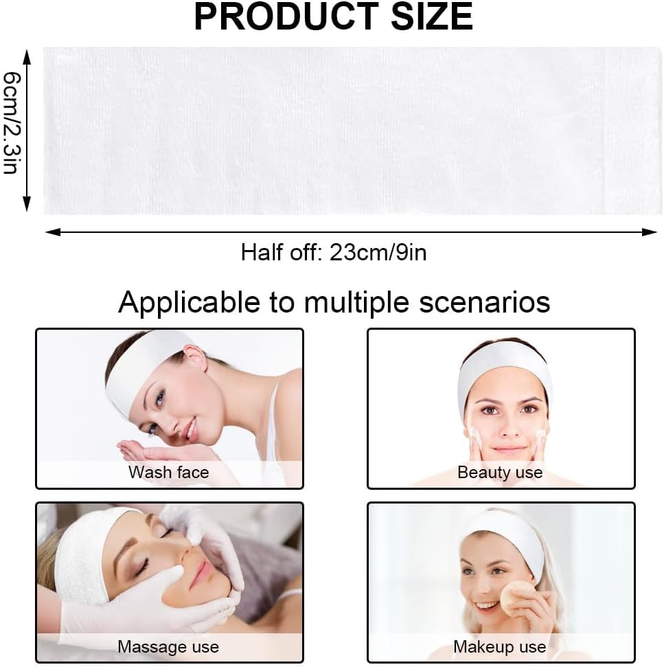 50PCS Disposable Spa Facial Headbands Elastic Non-Woven Headband with Magic Tape Stretch Soft Skin Care Hair Band with Straps for Salons Supplies White image number 3