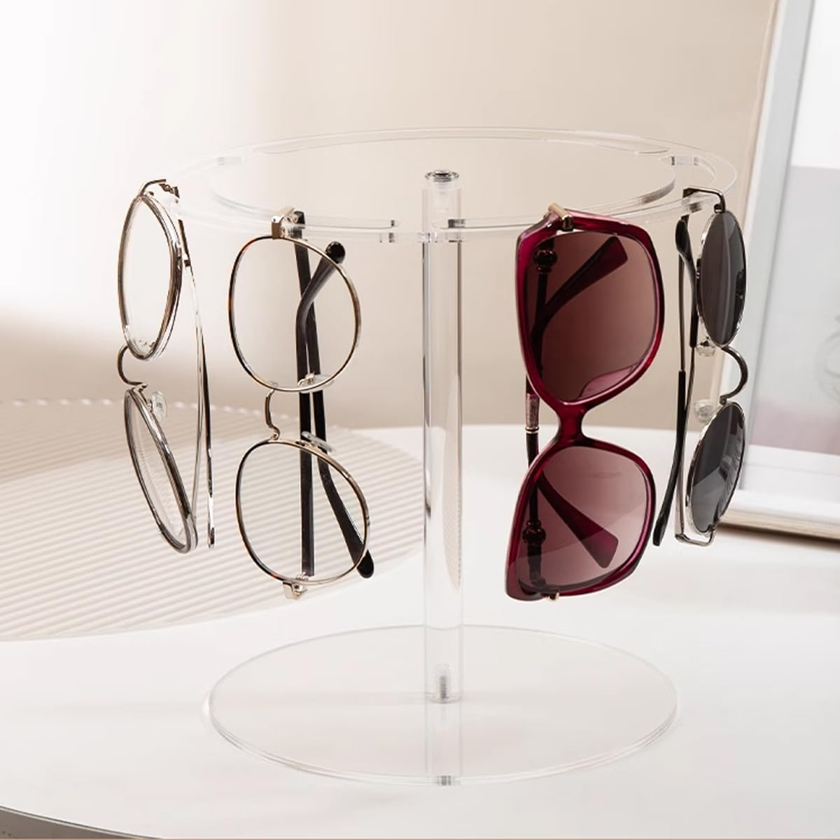 AIMALL Acrylic Glasses Storage Rack, 360 Degree Rotating Eyeglasses Display Shelf, Available in Black and Transparent