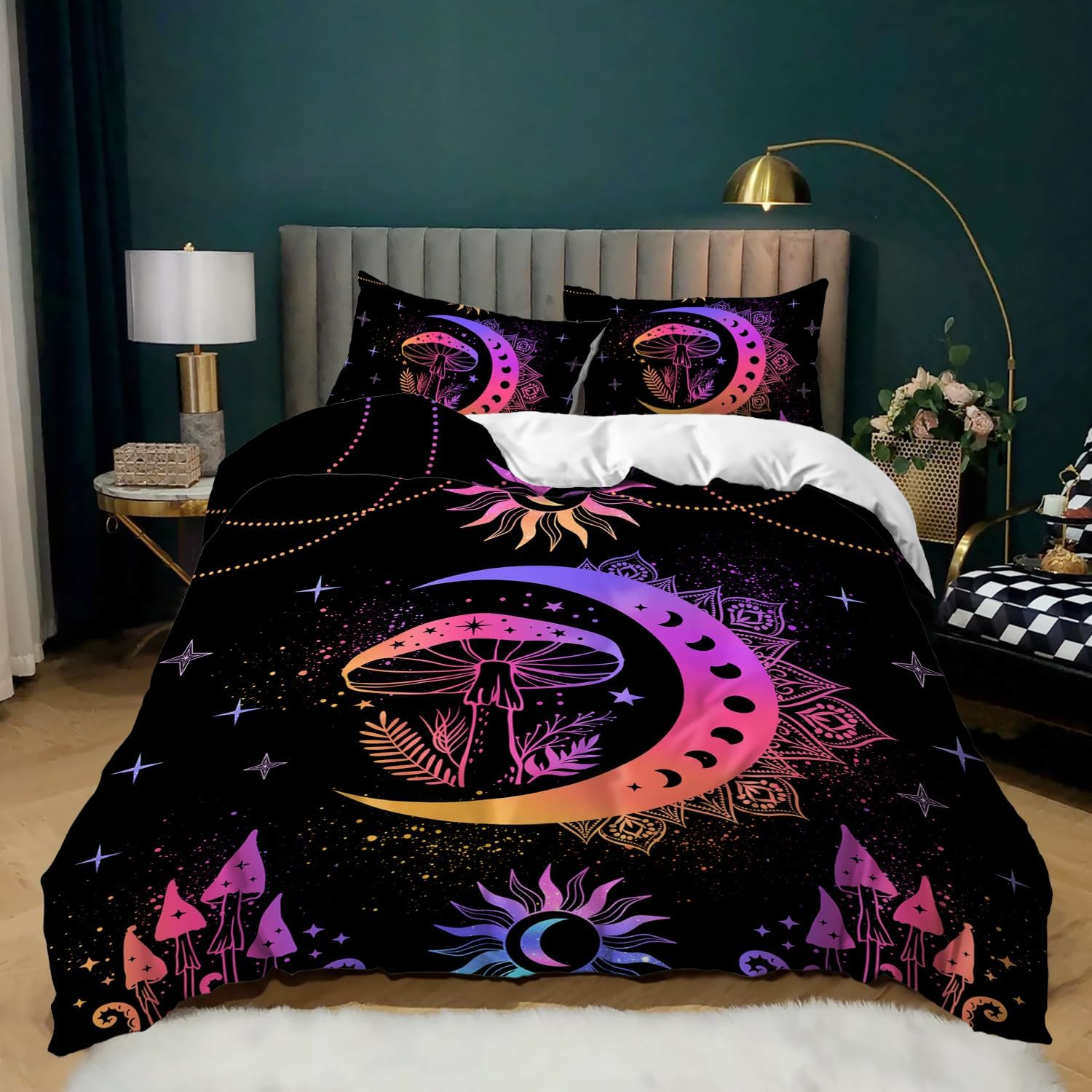 AILONEN Sun and Moon Duvet Cover Set Queen Size, Bohemian Bedding Set,Magical Mushroom Comforter Cover Set,Boys Girls Gradient Celestial Duvet Cover Set 3 Pieces, 1 Quilt Cover and 2 Pillowcase image number 6