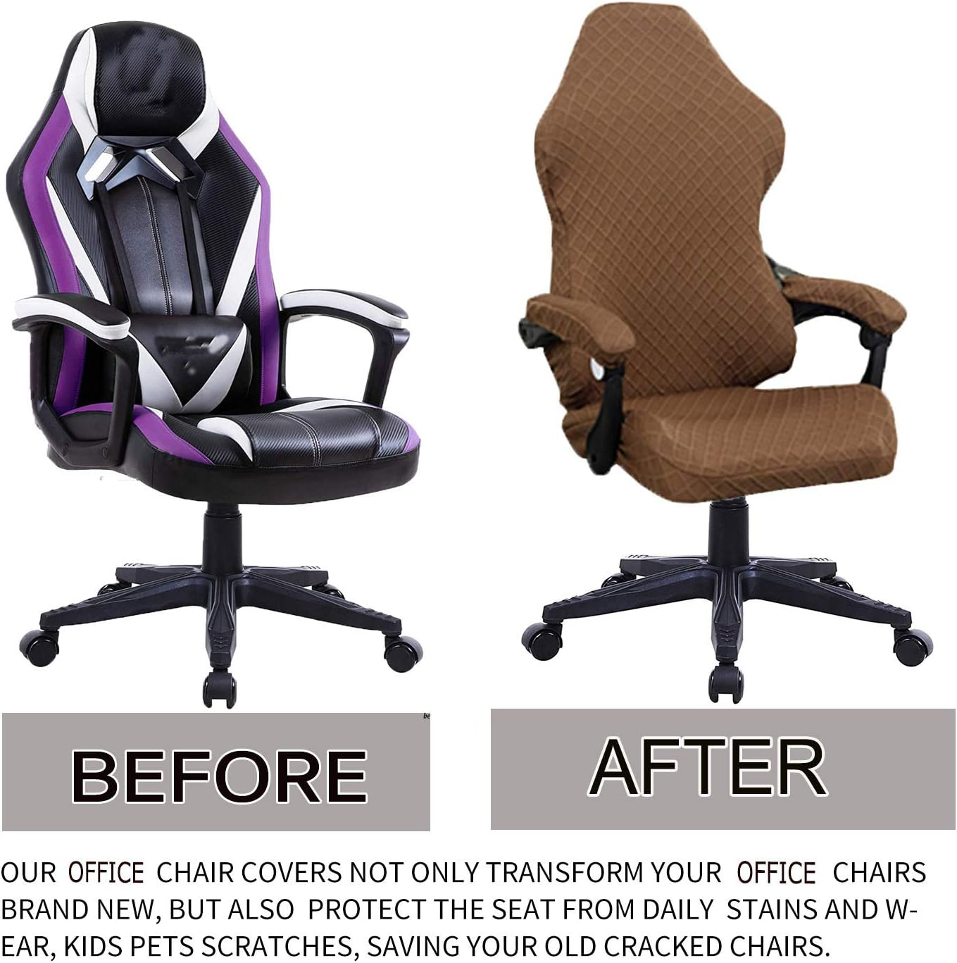 Deisy Dee NO Chair Covers - Stretchy Polyester Gaming Chair Slipcovers for Reclining Racing Chairs (Coffee) - Black image number 5