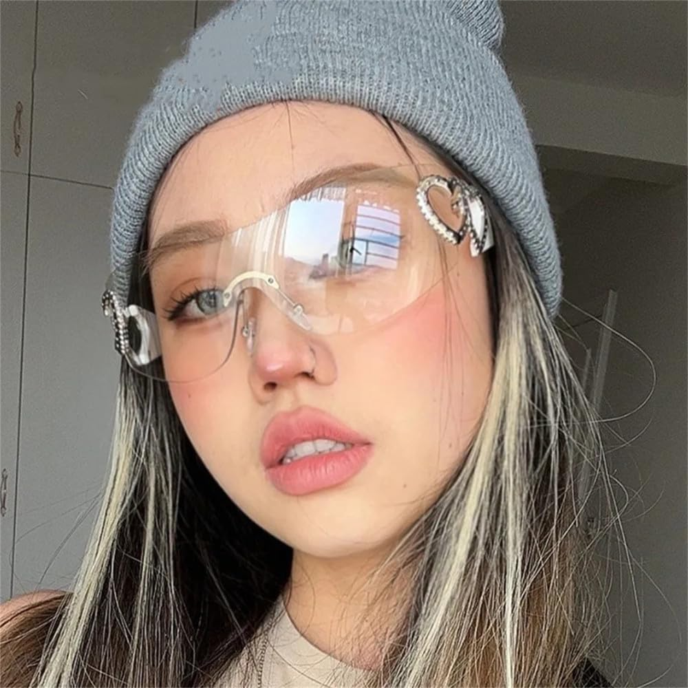 JRLLFD One-Piece Sunglasses Rimless Glassess with Double Love Heart-Shaped Pink Gradient Wrap around Sun Glasses image number 4