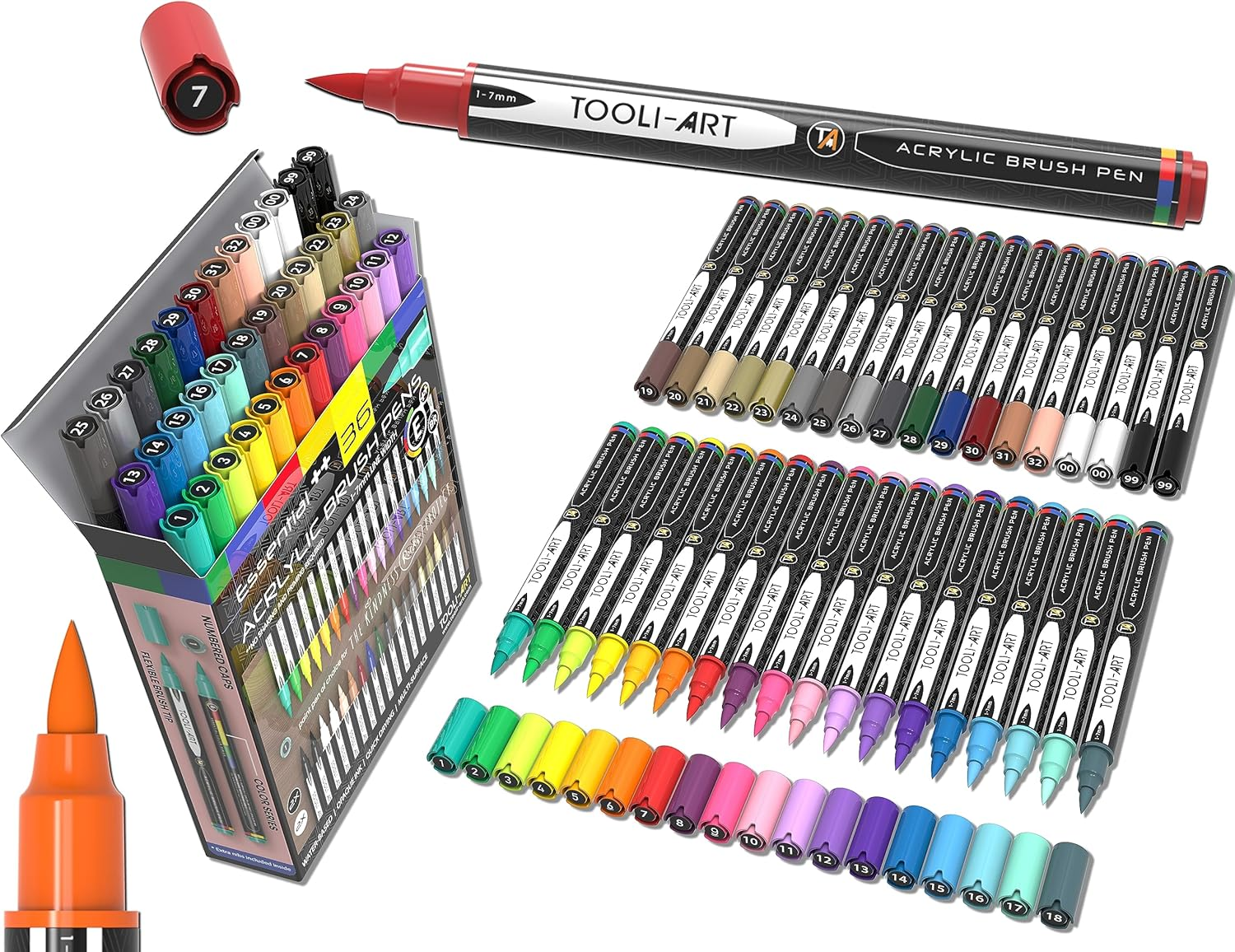 36 Flexible Brush Tip Acrylic Paint Pens Markers Set 1-7Mm Line for Rock Painting, Brush Lettering, Scrapbooking, Glass, Mugs, Wood, Metal, Canvas, Fabric, Plastic. Non Toxic Waterbased Quick Drying image number 3