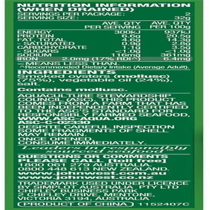 John West Smoked Oysters in Oil 20X85 G