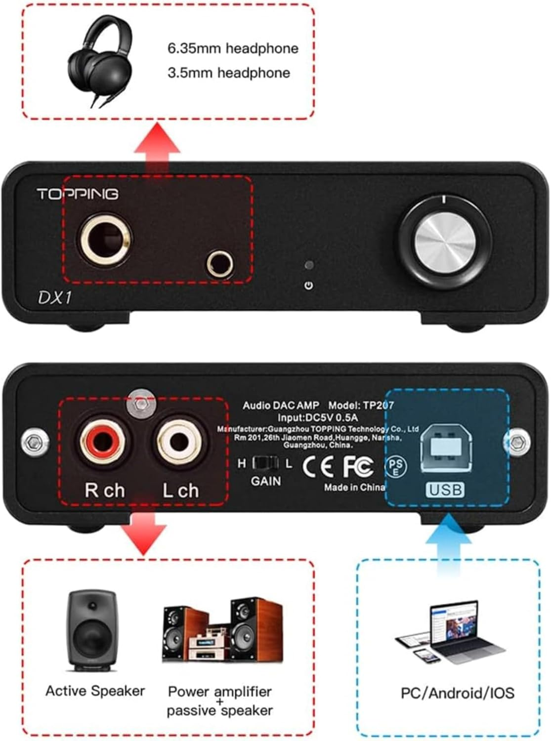 Topping DX1 Hifi DAC Headphone Amplifier Combo, 280Mw X2 Home Audio Stereo HPA Amplifiers, USB to Rca/3.5Mm/6.35Mm Amp with Twostage GAIN AK4493S XU208 32Bit/384Khz DSD256 for IEM (Silver) - Black image number 5